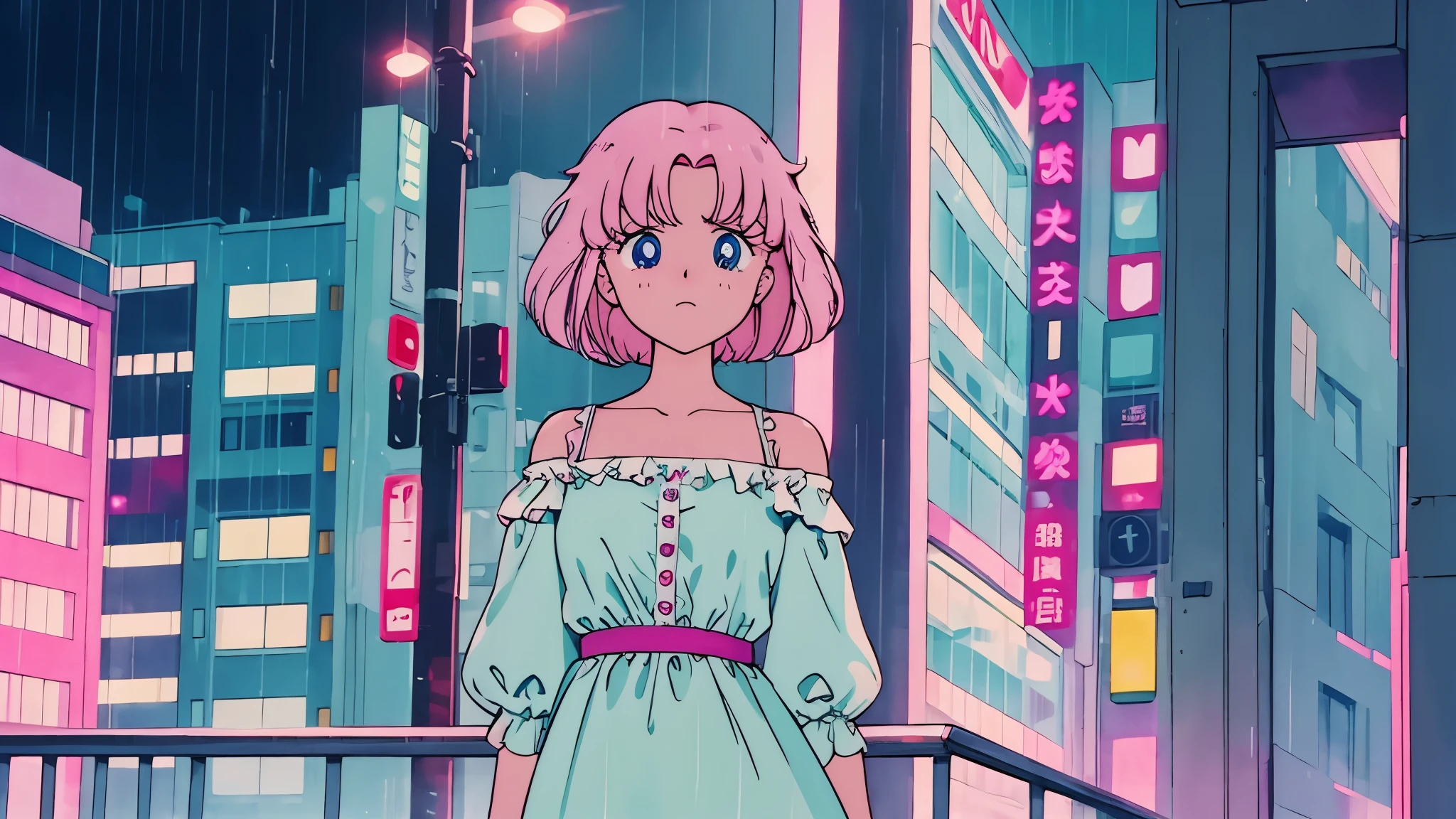 Highest quality,girl,cute,Short Bob Hair,Pink Hair,Light blue eyes,Off-the-shoulder dress,Rainy cityscape,night,Looking out the window,Sad face,