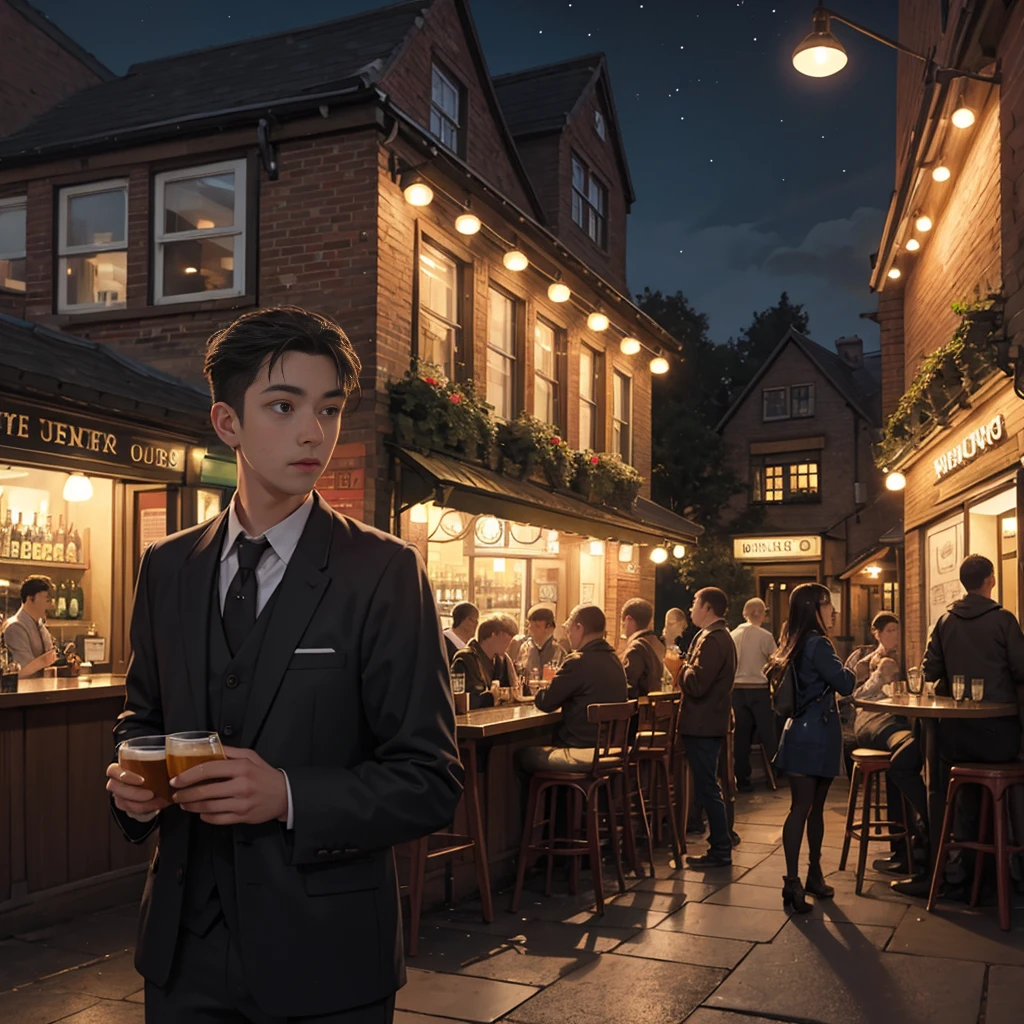 Outside the pub, bar, many people, night