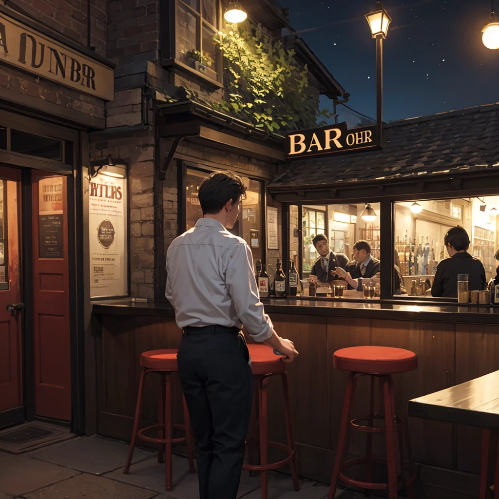 Outside the pub, bar, many people, night