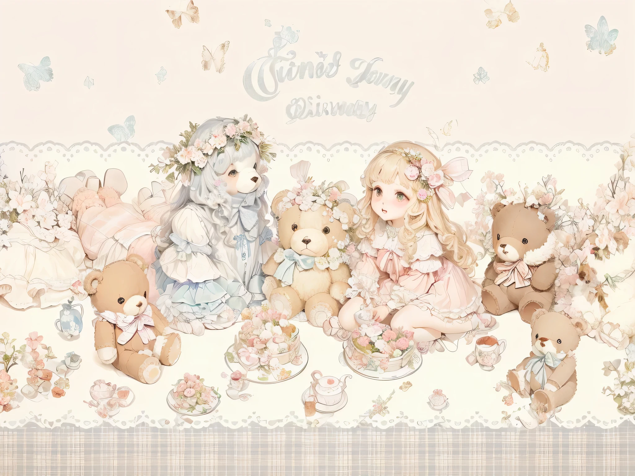 There are many teddy bears standing in a row with other teddy bears, picnic, Official Artwork, Fairy tale illustration style, Official Art, forest picnic, 2 5 6 x 2 5 6, 256x256, Lovely:2, by Eizan This is a gift, spring, Lovely illustration, ByKiyohara Tama, Yoshihiko Wada,4K,8k,Ultra HD