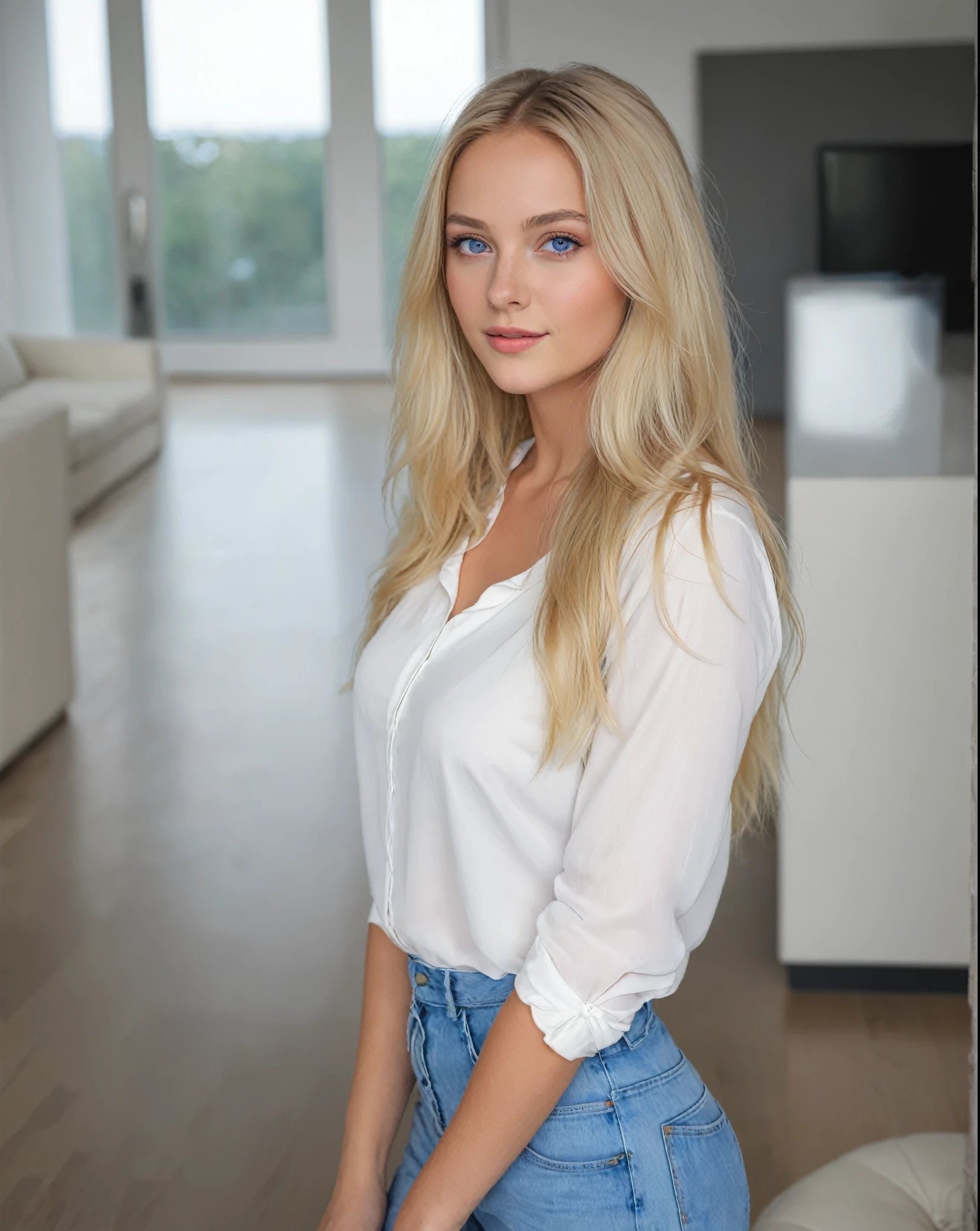 Blonde woman with blue eyes and white blouse posing for a photo.., beautiful blonde girl, with long blonde hair, swedish blonde woman, cute young woman, a beautiful blonde, pose casual, Photo of a model, a complete portrait of the nordic woman, 2 4 year old female model, young blonde, Mia Kischner, long blonde hair and big eyes, blonde girl