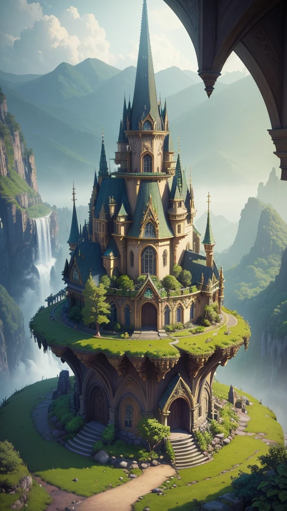 a man little  dressed as a gnome walking on the ground with a stick, wearing a yellow gnome robe, a castle sitting on top of a lush green hillside, by Michael James Smith, by Edwin Deakin, by Raphael Lacoste, fantasy matte painting，cute, beautiful render of a fairytale, fantasy architecture, detailed 3d gothic oil painting, mix with rivendell architecture, still from a fantasy movie, elven architecture, fantasy house, style of thomas kinkade,crawl.a waterfall flowing through a lush green forest, intricate matte 3D gothic, by Michael James Smith, very beautiful matte fantasy, Strange trees, roads, flying angels,beautiful matte elf,fantasy matte,