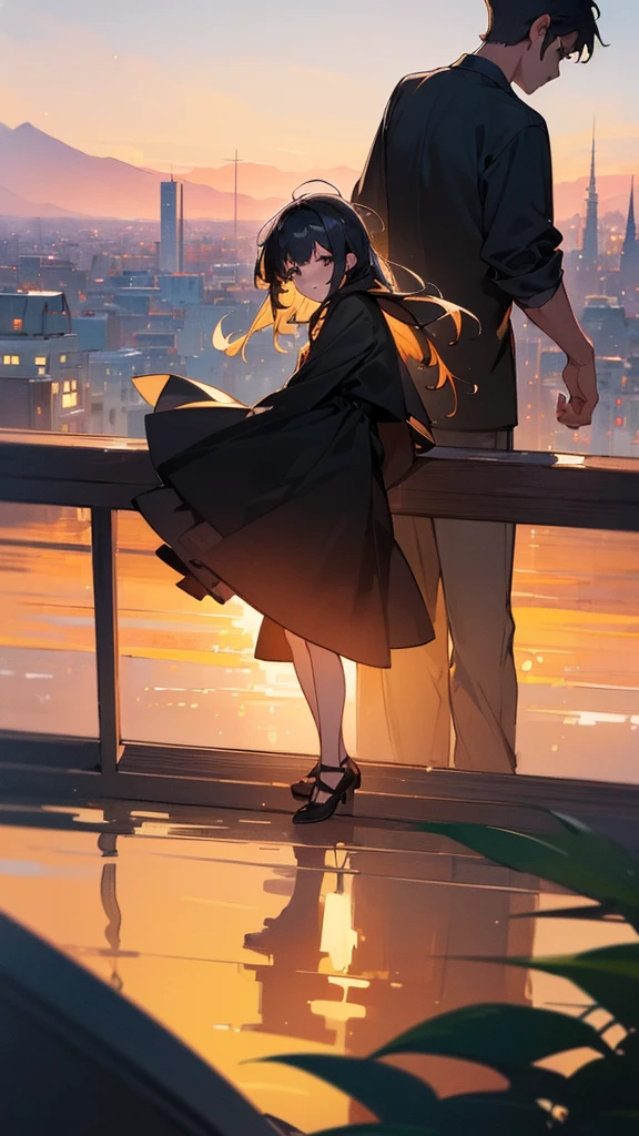 ((Best quality, 8K, masterpiece:1.3)),a Boy and a girl are sitting and looking at the sunset, an observation deck, a romantic setting, a sunset landscape, a Boy is wearing a black sweater, a girl is wearing a modest white dress. Cute Boy and Girl