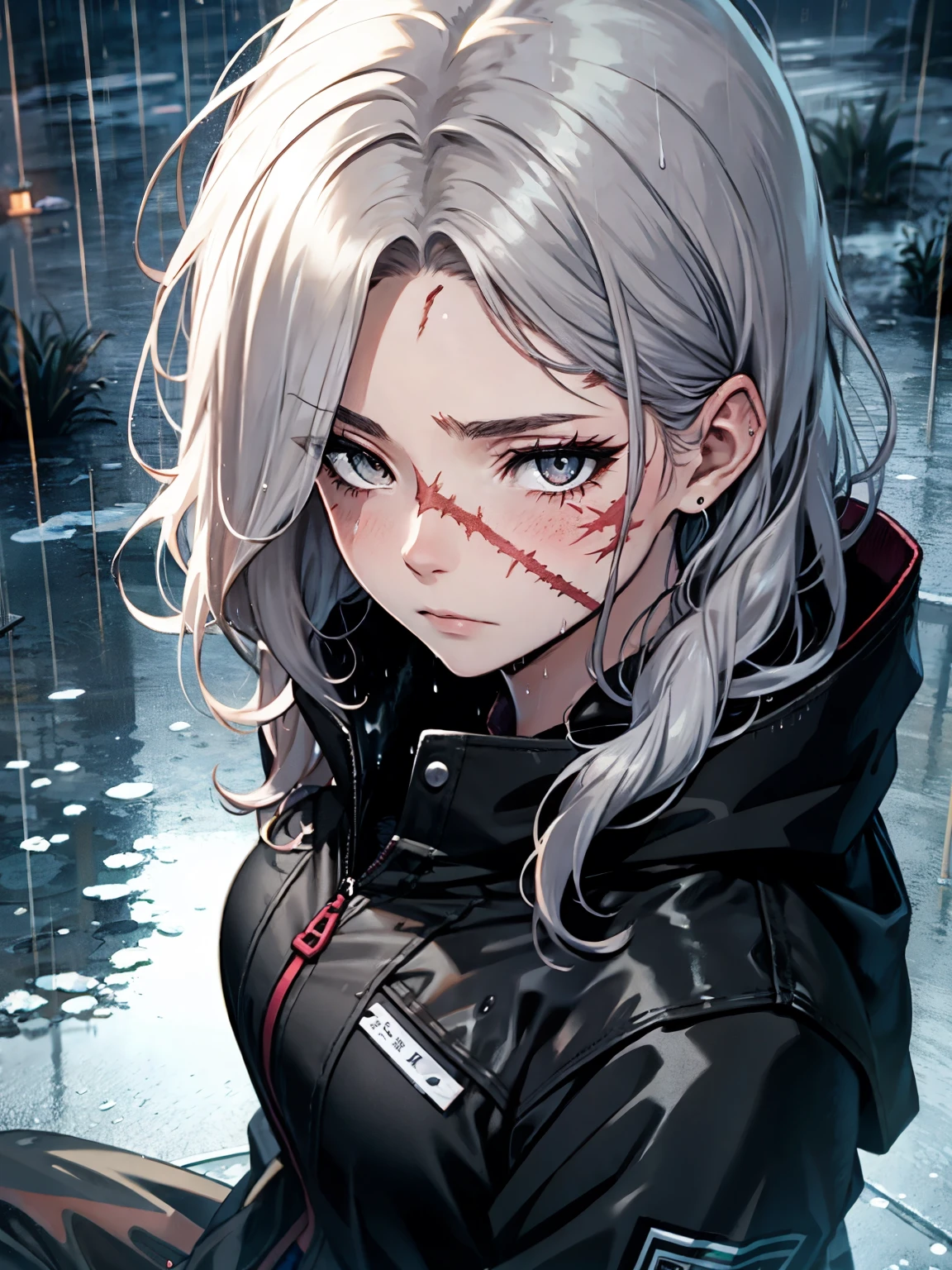 1girl, scarred face, stitches, silver hair, messy hair, pale skin, silver eyes. sitting, street, portrait, tired expression, rain, rainy, pouring rain, view from above, wet hair, black coat, wet clothing, better_scar, scar