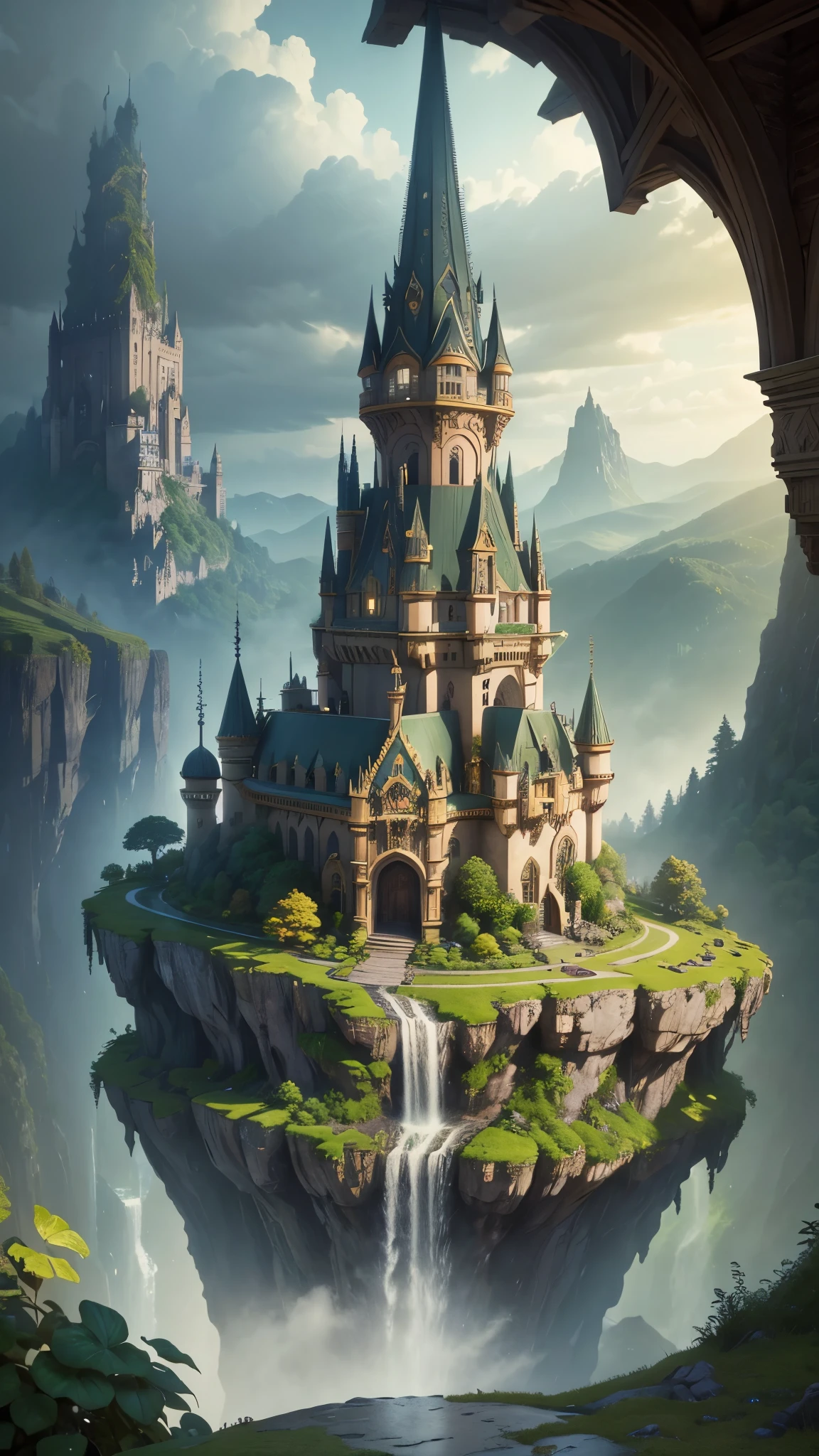 a man little dressed as a gnome walking on the ground with a stick, wearing a yellow gnome robe, a castle sitting on top of a lush green hillside, by Michael James Smith, by Edwin Deakin, by Raphael Lacoste, fantasy matte painting,cute, beautiful render of a fairytale, fantasy architecture, detailed 3d gothic oil painting, mix with rivendell architecture, still from a fantasy movie, elven architecture, fantasy house, style of thomas kinkade,crawl.a waterfall flowing through a lush green forest, intricate matte 3D gothic, by Michael James Smith, very beautiful matte fantasy, Strange trees, roads, flying angels,beautiful matte elf,fantasy matte,
