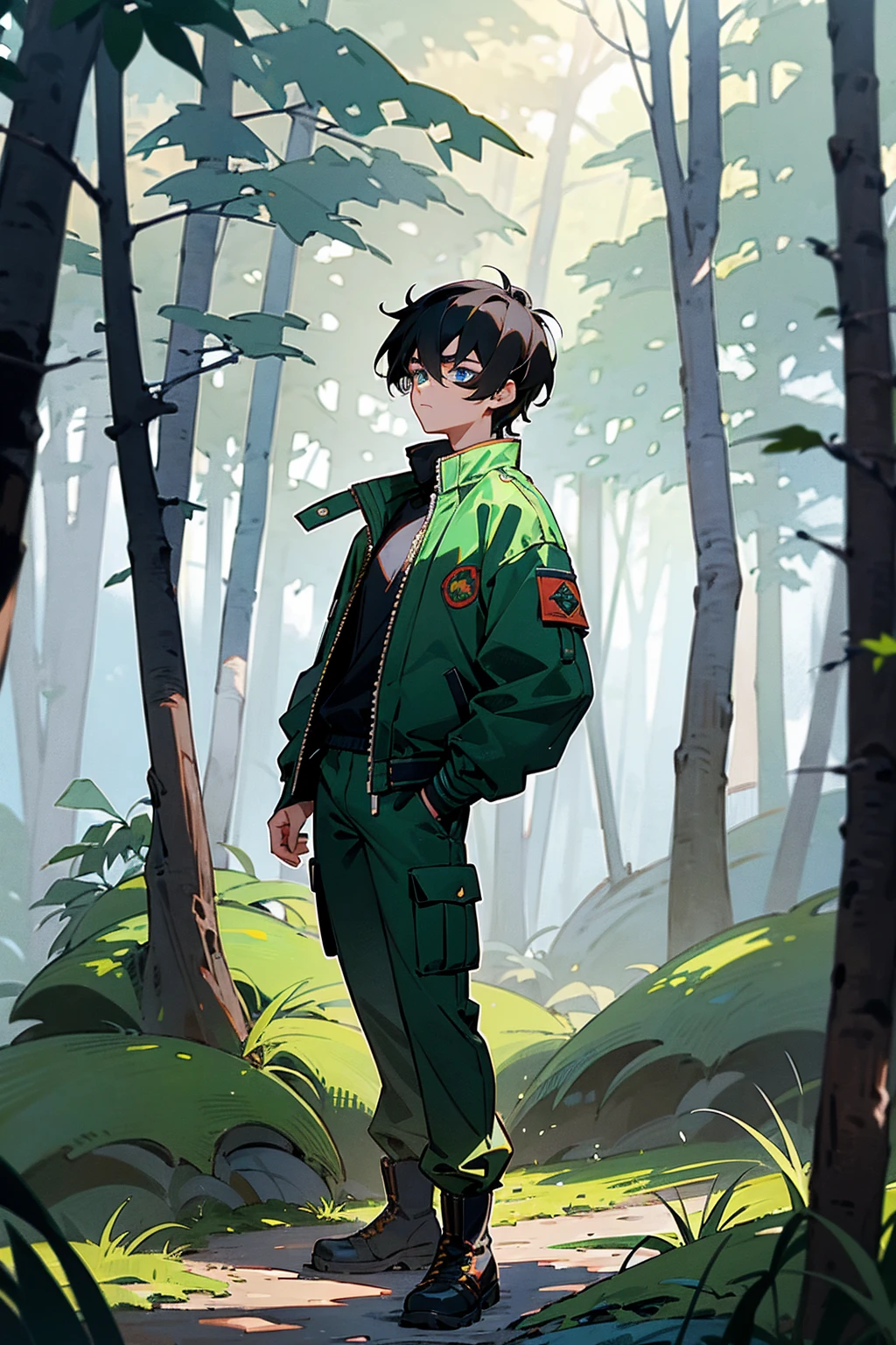 Masterpiece, 8k, a age boy with tousled black hair and deep blue eyes, dressed in a green bomber jacket with dragon embroidery, black cargo pants, and brown hiking boots. He stands in a dense, misty forest with shafts of sunlight filtering through the trees. Standing on path.

