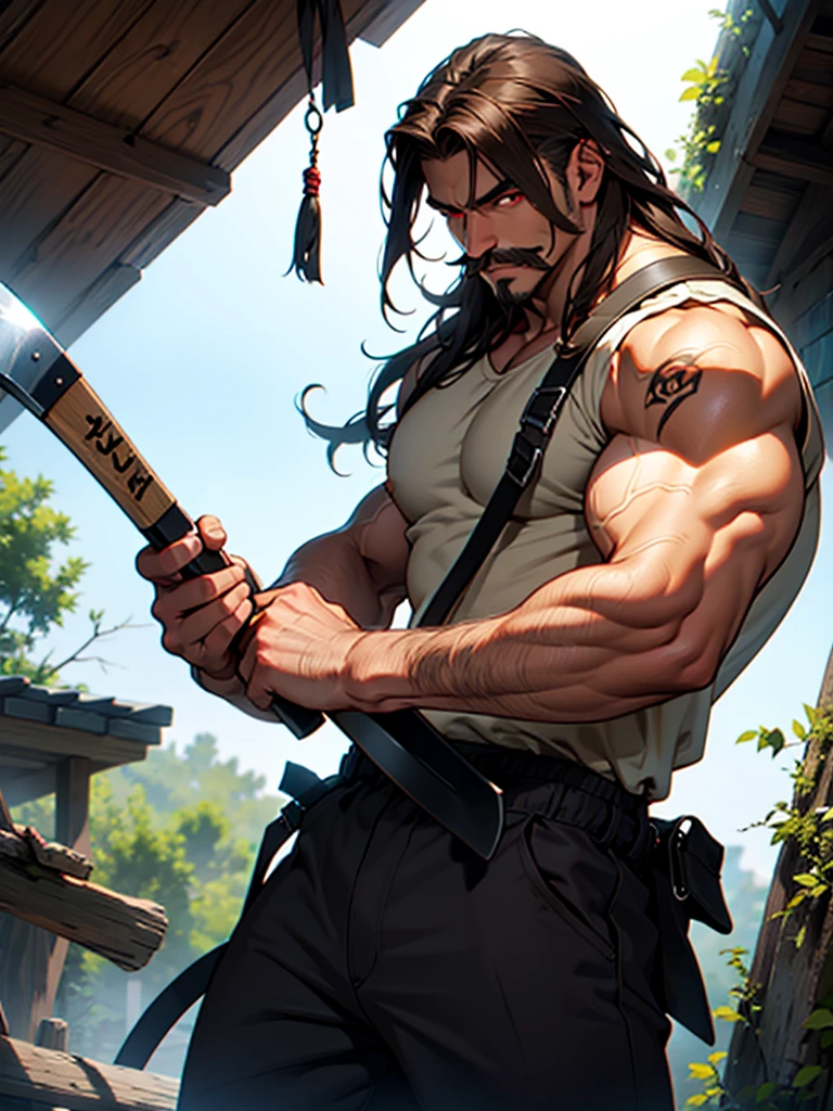 1boy, mature male, strong male, dark skinned male, long brown hair, mustache, holding an axe, red eyes