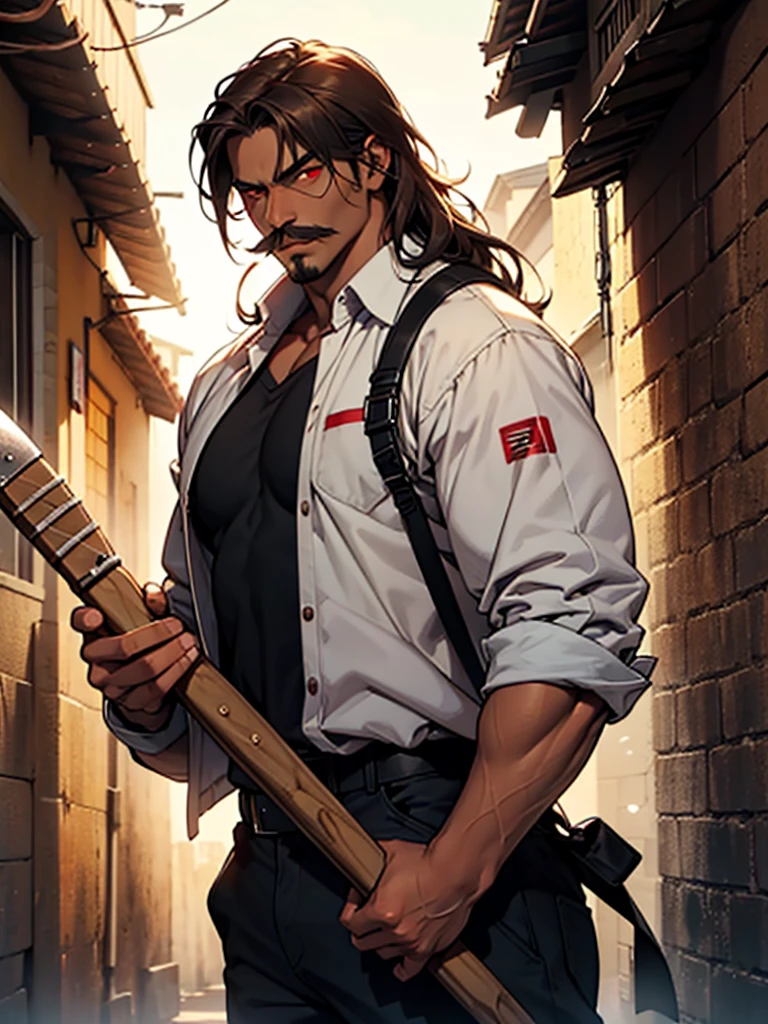 CREATE A ANIME STYLE IMAGE. Image is a dramatic, cinematic-style portrait in a vertical layout. The subject is a man with a rugged appearance, featuring a thick beard and mustache, and medium-length dark hair. He has a medium skin tone and is wearing a dark green, partially unbuttoned shirt, revealing a muscular build. His arms and shirt are smeared with blood, and he is holding a bloodied axe in his right hand. The background shows a cloudy sky with a hint of industrial buildings and flames, adding to the intense and action-packed atmosphere of the scene.