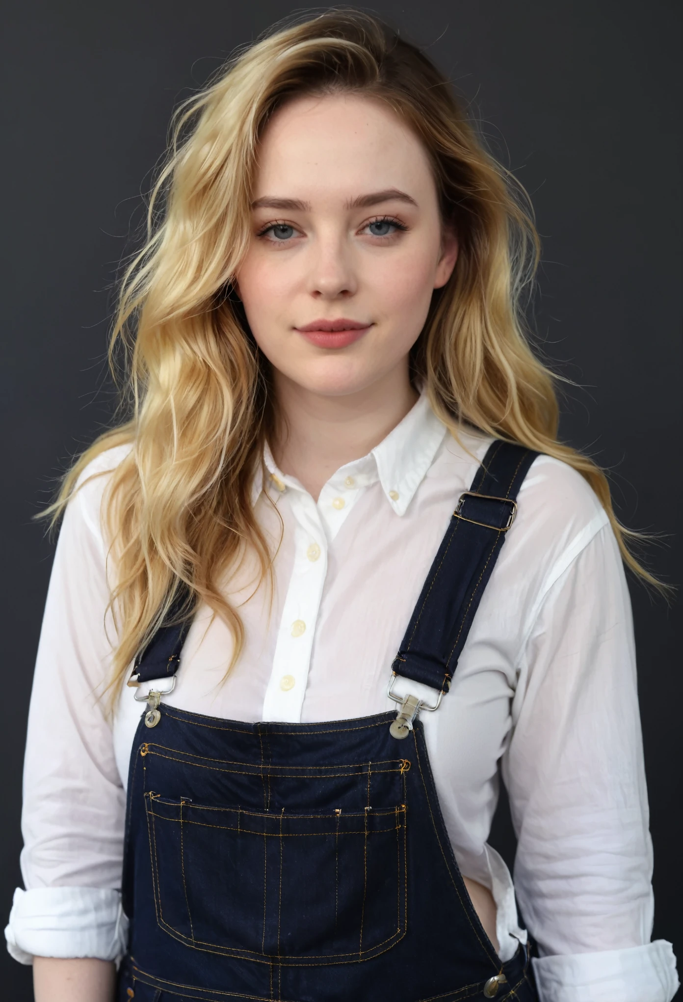 sofia lillis, tomboy, make up, Pale skin, long wavy hair, naked under her overalls,