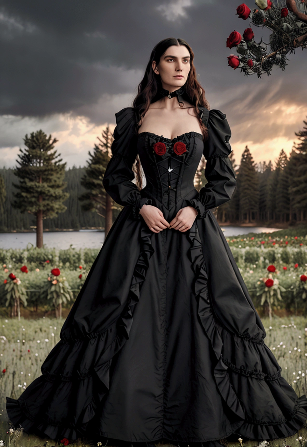 Gothic couple ((He in black Victorian clothes, ruffled neck collar, ruffled sleeve collar, Longhaire pretos, 1,90 metros de altura,Longhaire, straight half wavy, tall similar to Christopher Reeve and Peter Steele)),((ultrarealistic)),((hyper realist)),((the night)),((She in a Victorian dress,Longhaire e pretos, she with 1,58 m)), (( Scenario, in a flower field with black and red roses, cloudy and some distant pine trees and trees near a lake)).
