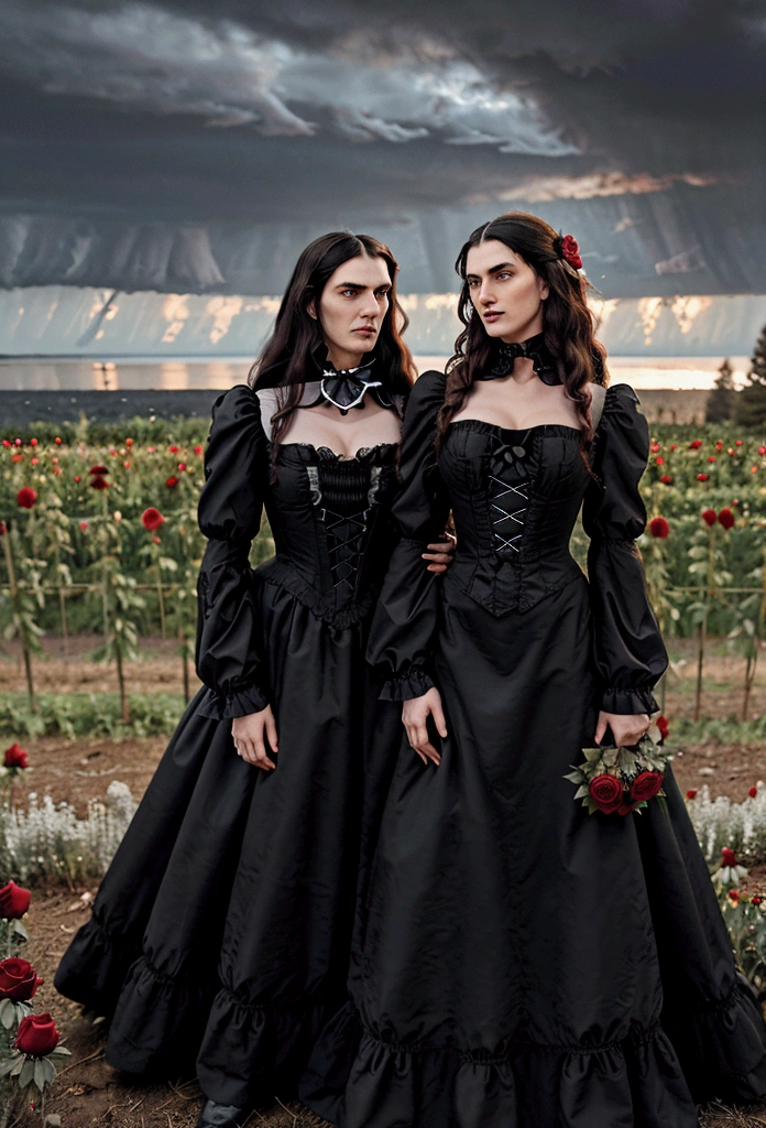 Gothic couple ((He in black Victorian clothes, ruffled neck collar, ruffled sleeve collar, Longhaire pretos, 1,90 metros de altura,Longhaire, straight half wavy, tall similar to Christopher Reeve and Peter Steele)),((ultrarealistic)),((hyper realist)),((the night)),((She in a Victorian dress,Longhaire e pretos, she with 1,58 m)), (( Scenario, in a flower field with black and red roses, cloudy and some distant pine trees and trees near a lake)).