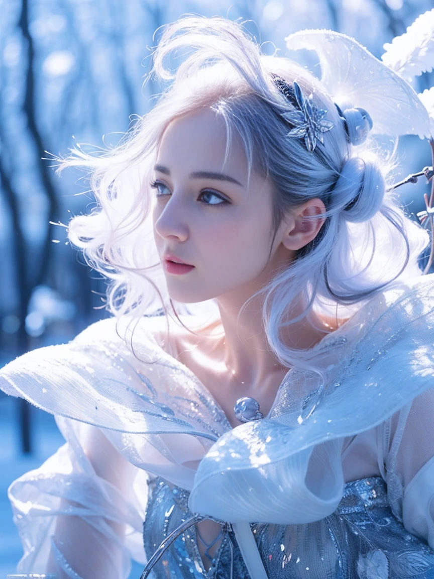 (((masterpiece))), best quality, illustration, 4k wallpaper, light, absurd, 1 girl,(snow,ice), snow花, In winter, white hair, Shiny hair, curls, Transparent clothes, decorate, Lace, Wet clothes, away_Shoulder, Headband,masterpiece, telephoto lens, absurd, Exquisite facial features，Record，Poster composition，strike an elegant pose，，Natural light，Soft Light，（Seven-part combination） ，epic，Fantastic and magical，mystery