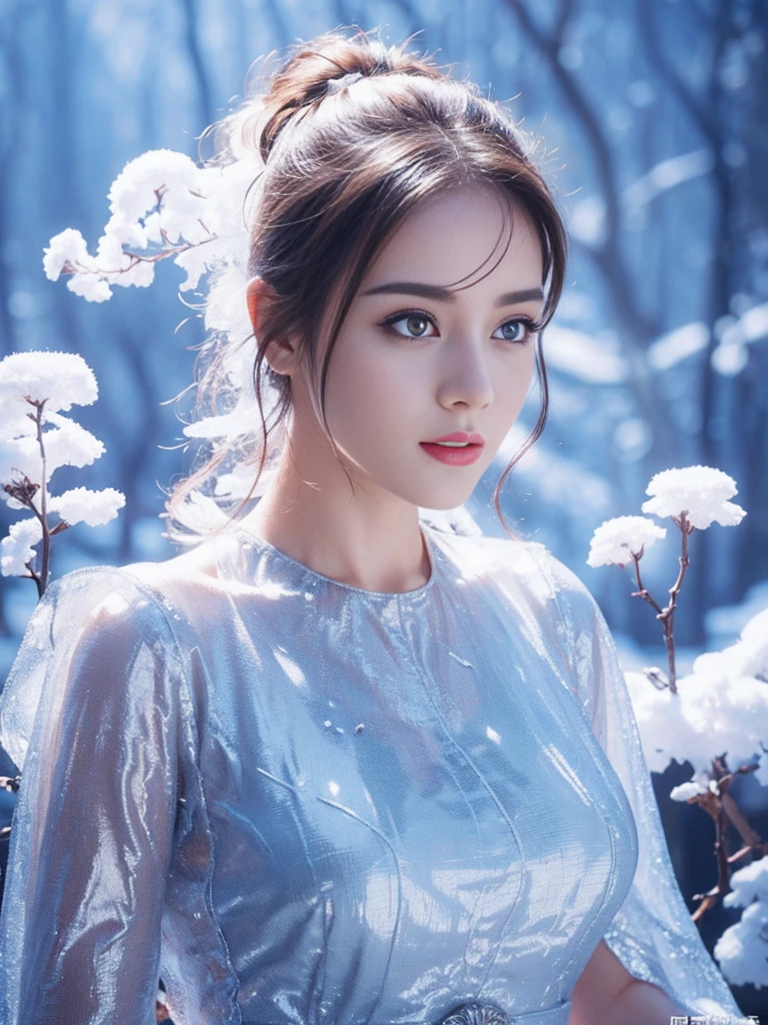 (((masterpiece))), best quality, illustration, 4k wallpaper, light, absurd, 1 girl,(snow,ice), snow花, In winter, white hair, Shiny hair, curls, Transparent clothes, decorate, Lace, Wet clothes, away_Shoulder, Headband,masterpiece, telephoto lens, absurd, Exquisite facial features,Record,Poster composition,strike an elegant pose,,Natural light,Soft Light,(Seven-part combination) ,epic,Fantastic and magical,mystery
