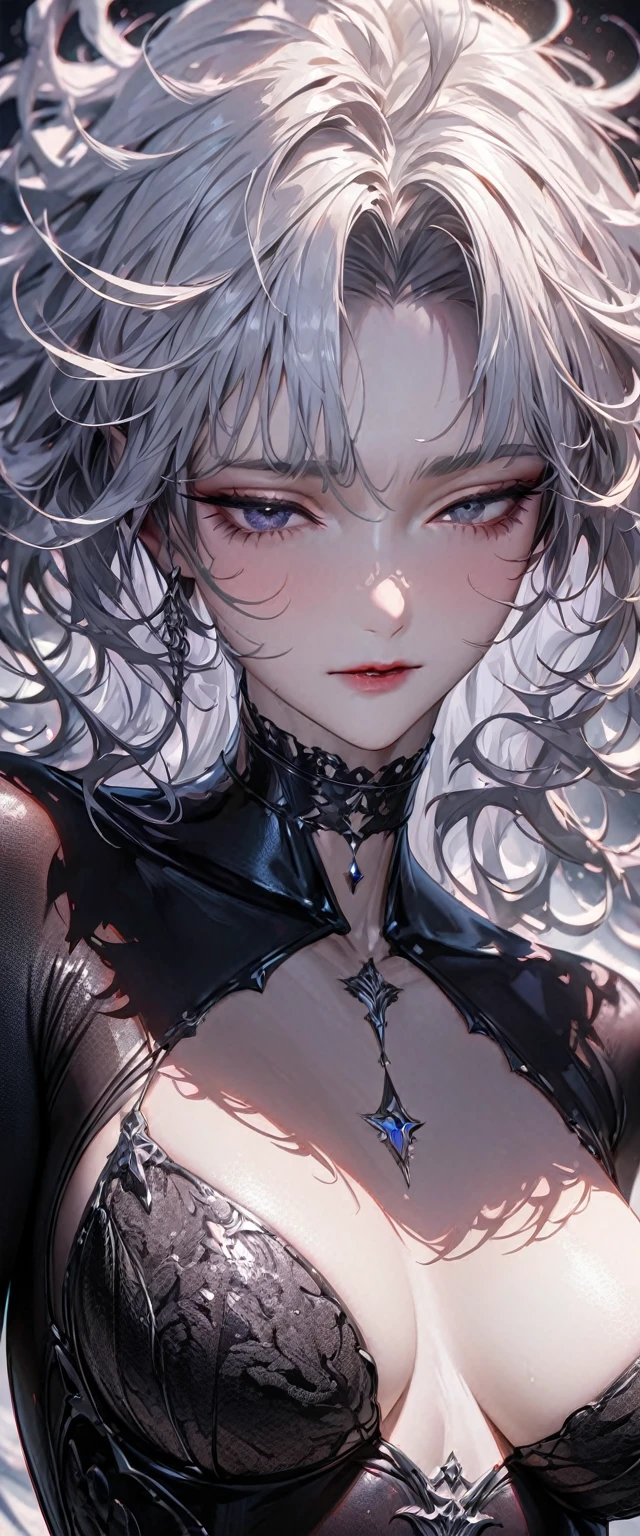 beautiful woman, cool and sadistic, amorous and lewd face, looking down with a cold gaze, make-up, beautiful messy hair, great proportion, tight suits, choker, (ultra detailed, absolutely resolution, best quality:1.3), 2.5D, delicate and dynamic, shading effects