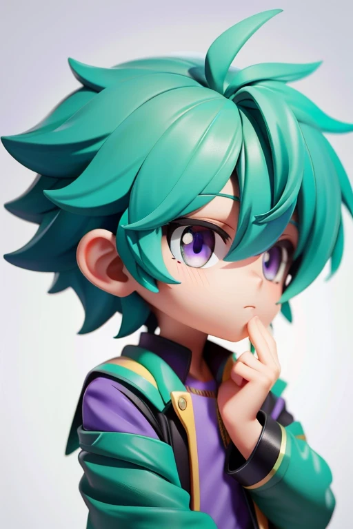 a boy , green hair , purple eyes,