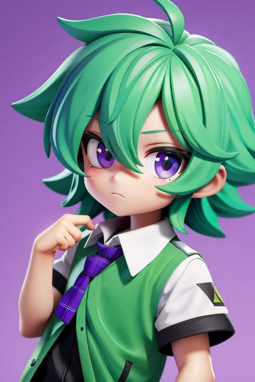 a boy , green hair , purple eyes,