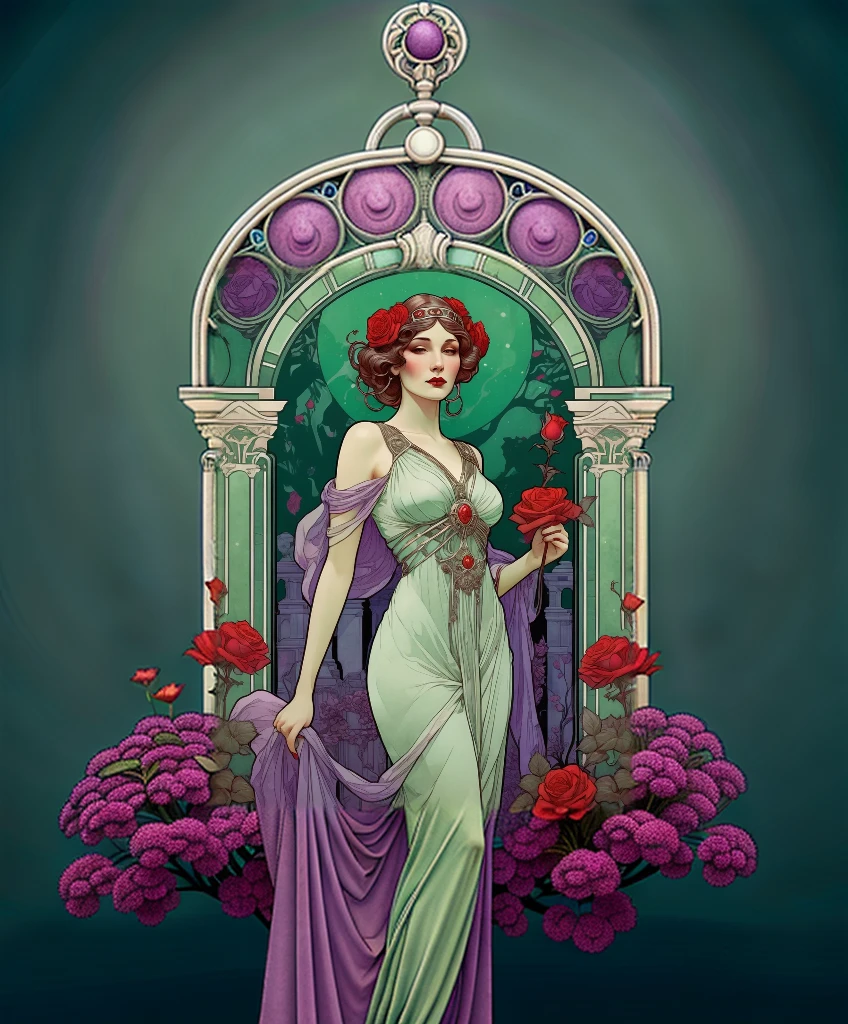 A beautiful woman in a greek dress, ghostly green background with cemetery and red roses, in style of Alphonse Mucha's art deco-inspired illustrations. Red and purple, in the Tower card design style.