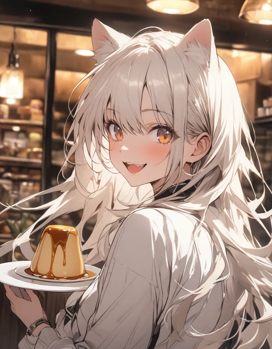 masterpiece、girl、White Hair、Long Hair、Cat ear、smile、(((Big caramel sauce Pudding)))、Upper body, Cafe background