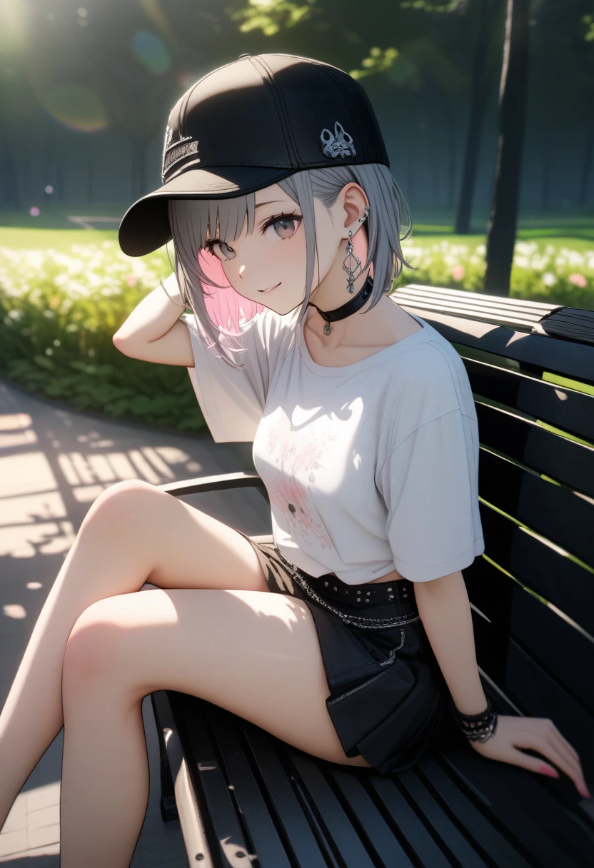 Very cute 15 year old girl, ((She has several silver earrings in her ears. A stylish black baseball cap. black choker. A stylish and baggy T-shirt. mini skirt. Fashion like a dancer、Punk Fashion))、(Ash hair color、Light pink inner color hairstyle、short hair、Hair expressed with a delicate touch), Beautiful Hair, Facial Contour, Remember, Wide park bench, splash, Lens flare、sunlight、illumination、Natural Color, High resolution, Very delicate, Very detailed, 8k,（Breast size around B cup）、Shyness,((Sexual)),((A naughty feeling)),smile、Chest to face angle、Crossing your legs