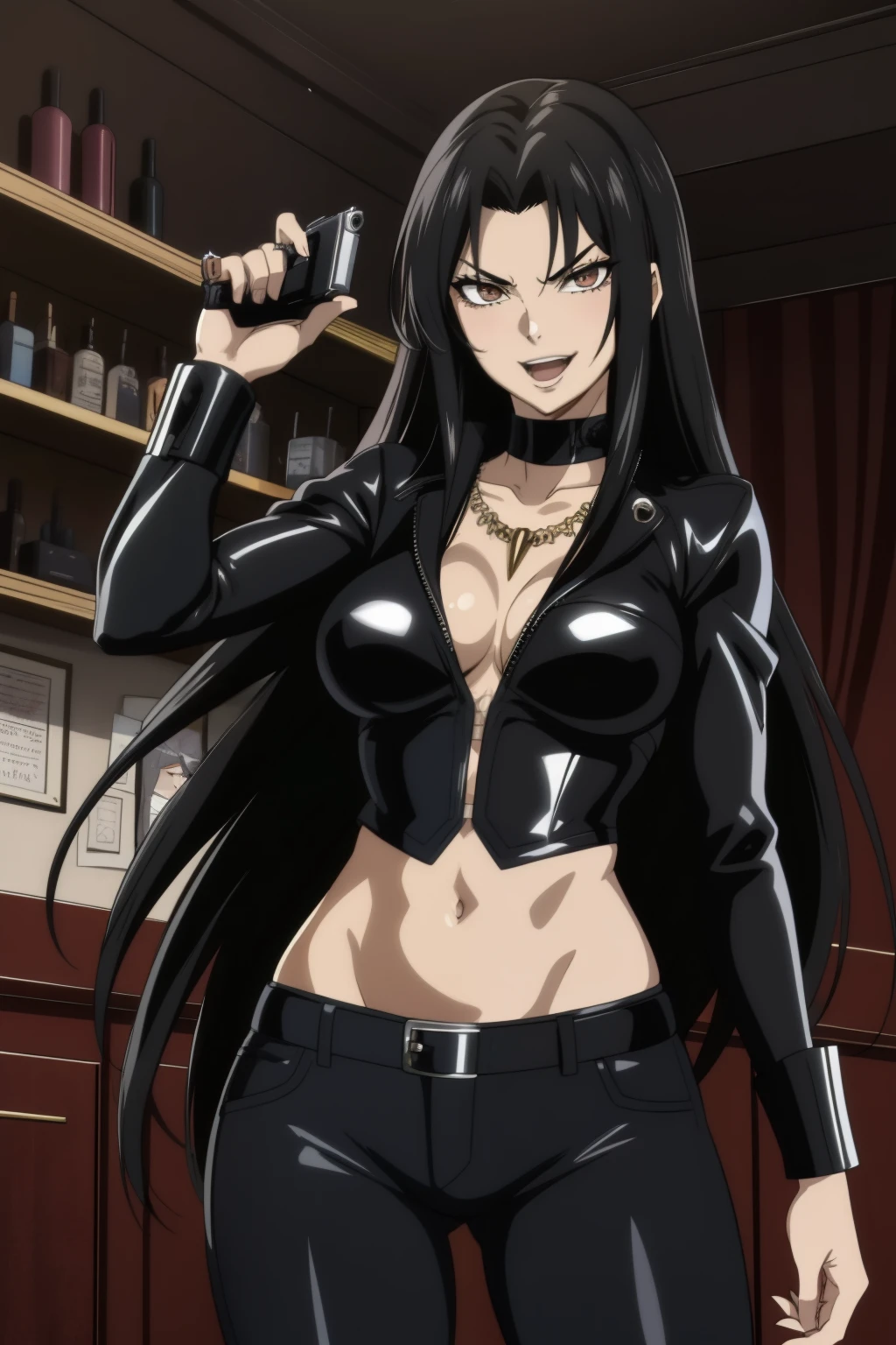 Pandora Saint Seiya, 1girl, dark brown eyes, black hair, necklace, long hair, black collar, blush, lipstick, long hair, crazy eyes ,Hot girl, baddie, staring, glaring, bad attitude, mean girl, crazy, smoking, sensual, attractive, bar background, inside bar, indoor,smile, masterpiece, best quality, highly detailed, a girls with a gun, evil smile , open mouth, sexy gaze, badass pose , evil smile, smile, (nsfw) not safe for work, guns blazing, anime girl with long hair, beautiful long haired girl, navel, evil expression, exposed belly, exposed navel, exposed midriff, exposed lower belly, long black pants, crop top, cleavage, unbuttoned leather pants ,open fly, low rise black leather pants, leather jacket, holding a gun, holding pistol