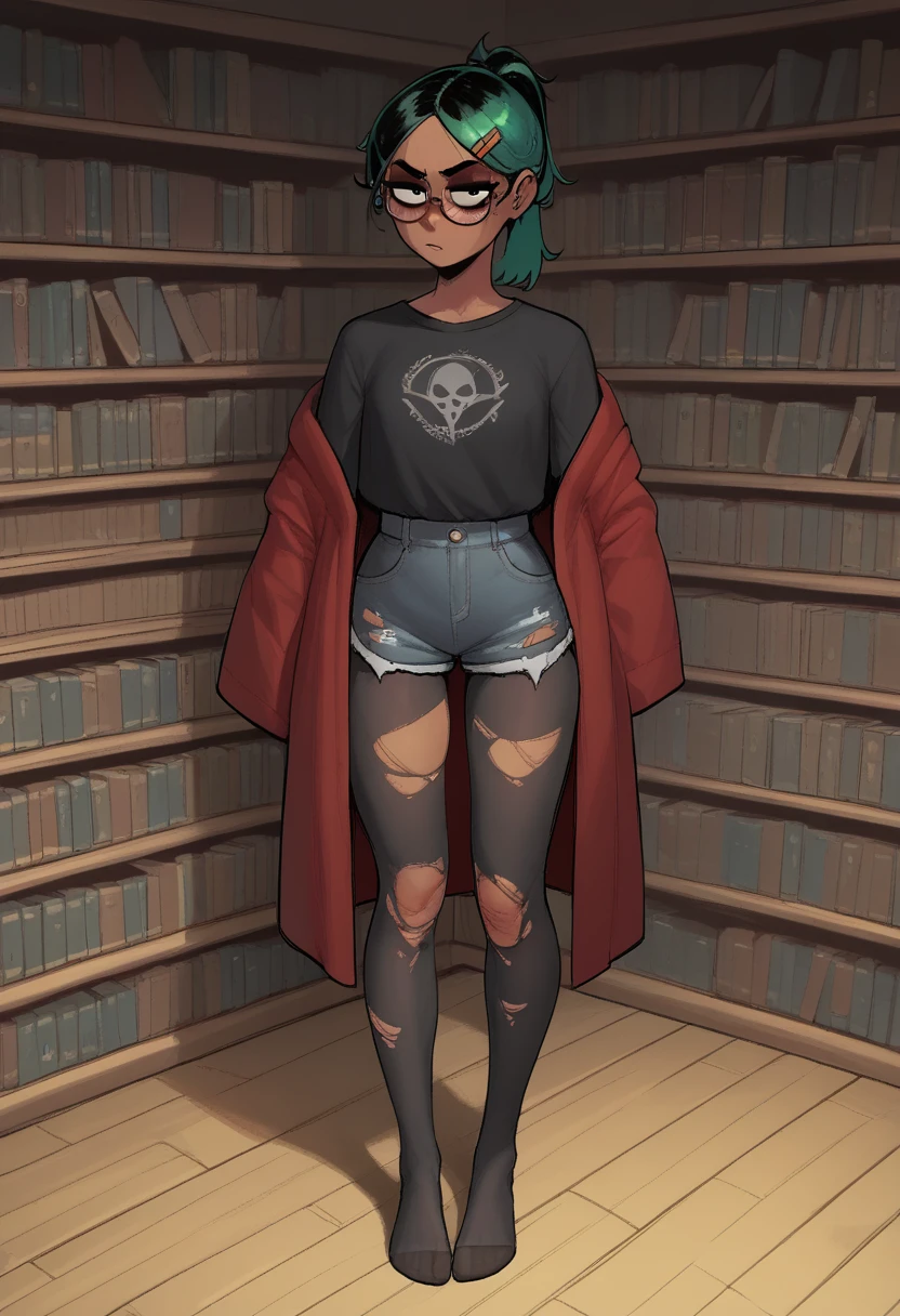 bright green hair, and a ponytail, library, bookshelf, glasses, character full body portrait, full body, a character portrait, dark red Hogwarts robe, black shirt, teen female emo art student, black jean shorts, black pantyhose, black hair pins, dark skin, torn black shirt, full body character portrait, inspired by Eiichiro Oda