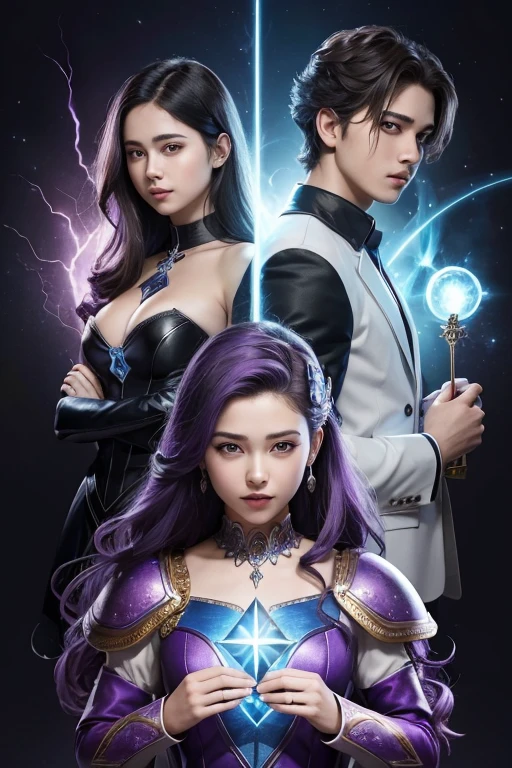 Make a book cover that tells a story about two young people who have powers with their power jewels which are the elements( the young man with purple elements and the girl with blue element)
