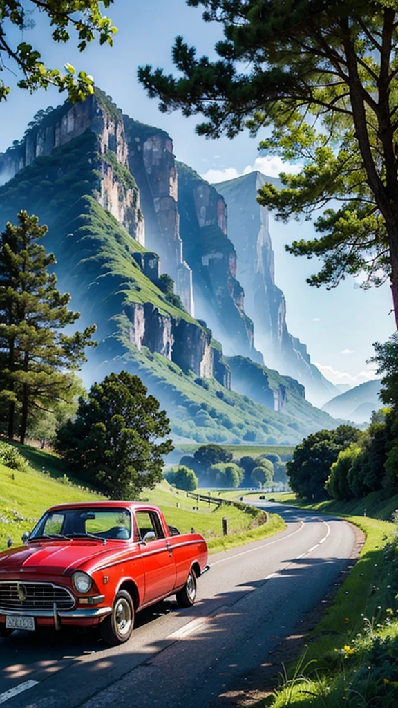 A vibrant illustration of a red vintage car driving along a picturesque rural road surrounded by lush green fields and mountains. The car is packed with colorful bags and books on the roof, and a person is seen smiling in the driver's seat. Above the scene, there is text in a stylized font, adding an artistic touch to the idyllic landscape. The overall atmosphere conveys a sense of adventure and tranquility.