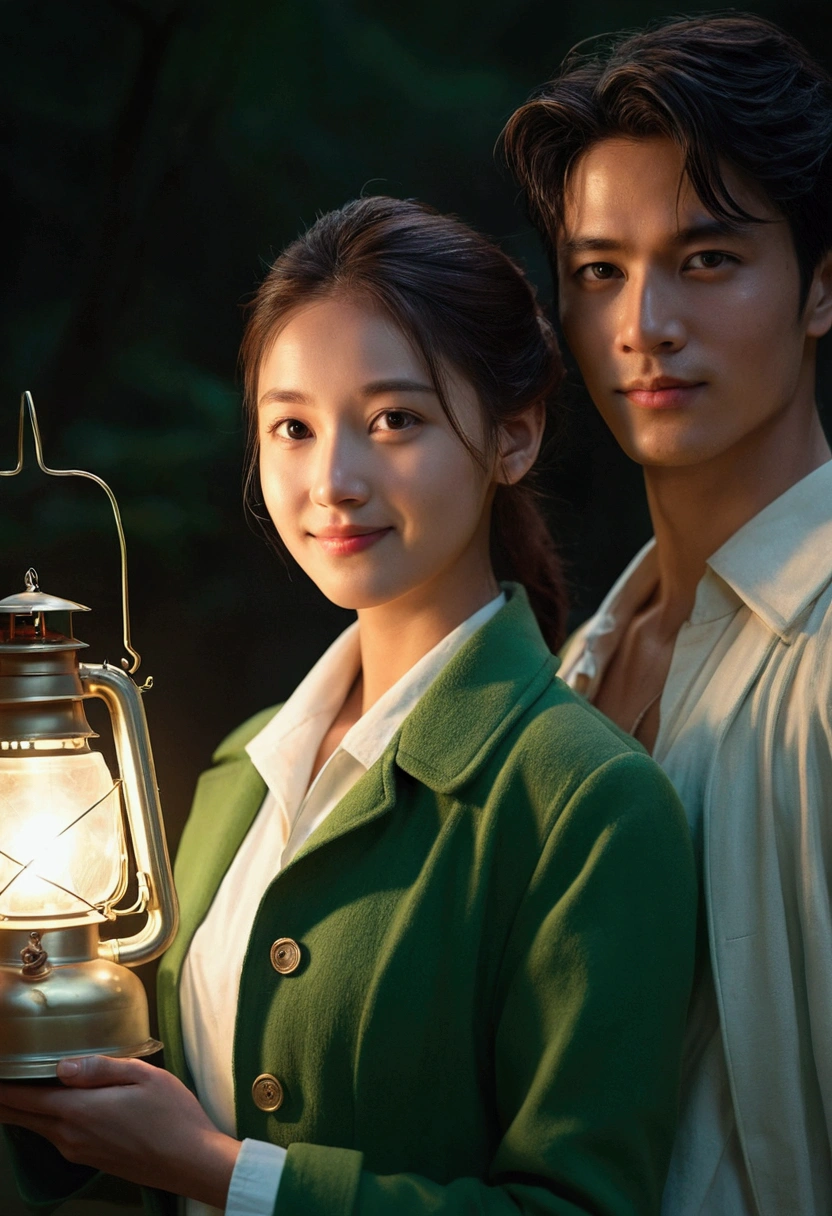 1 boy 1 girl,Handsome face, Beautiful face,Perfect male and female body,Look at the camera, Smile,(Ancient style time travel novel, Men's green coat with white bottoming shirt inside,Women's light white ancient style clothing,Holding a lantern in hand, Umbrella over two people's heads, In the dark night there is light),Dim Lights,masterpiece,Surreal 8K,Half Body, portrait,Ray Tracing