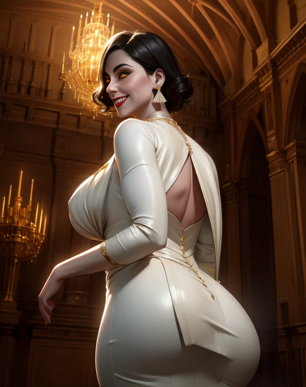 Alcina,yellow eyes,black hair,short hair,
white dress,single earring,from from behind,ass,looking back,smile,
upper body,standing,curvy,from below,
castle,indoors,night,
looking at viewer,smile,
(insanely detailed, beautiful detailed face, beautiful detailed eyes, masterpiece, best quality),solo,