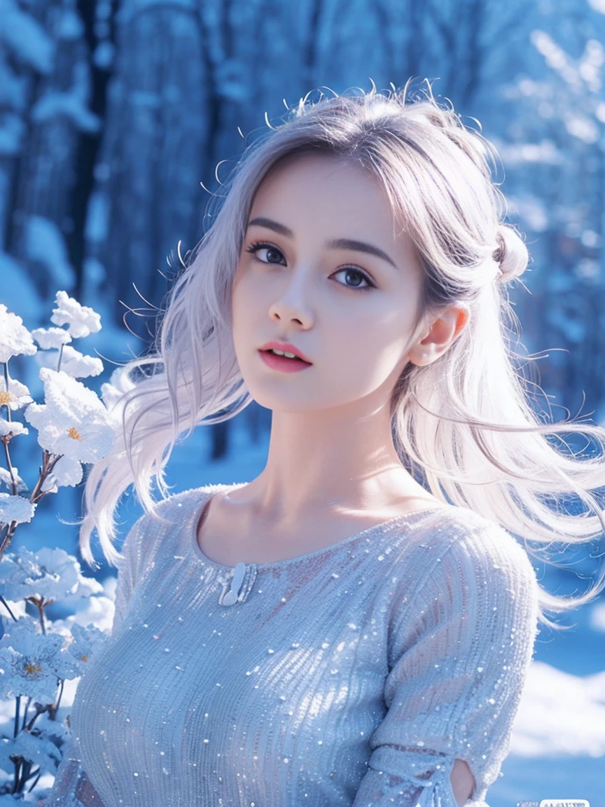 (((masterpiece))), best quality, illustration, 4k wallpaper, light, absurd, 1 girl,(snow,ice), snow花, In winter, white hair, Shiny hair, curls, Transparent clothes, decorate, Lace, Wet clothes, away_Shoulder, Headband,masterpiece, telephoto lens, absurd, Exquisite facial features,Record,Poster composition,strike an elegant pose,,Natural light,Soft Light,(Seven-part combination) ,epic,Fantastic and magical,mystery