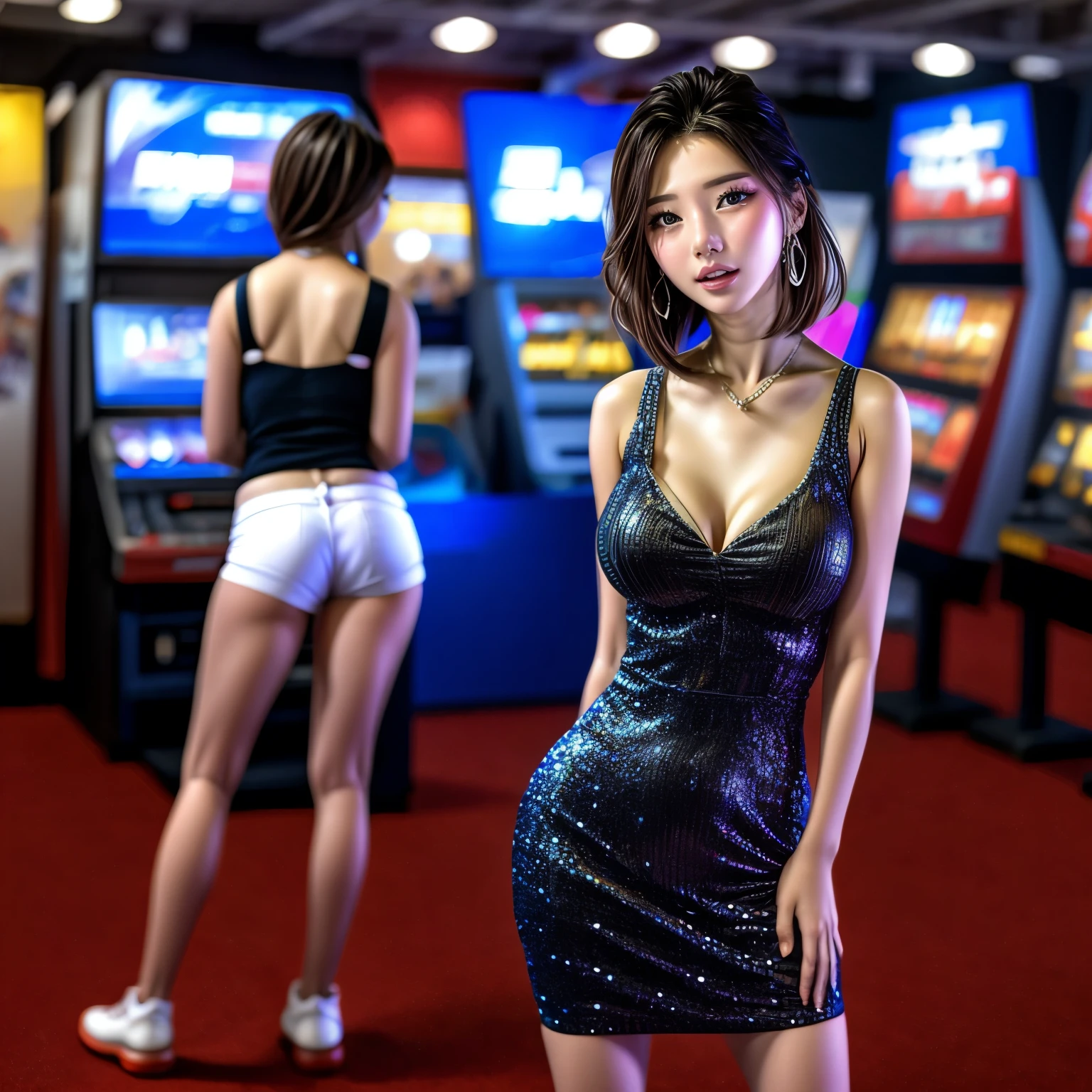  GameShow event girls in sexy costume, (((Song Joo A))) clearly visible the shape of Butt, Full of (Game machine),(pleasure in heaven, life and eternity). (Full body shot:1.2),intricate,ultra detailed,expression art,grand scale,epic,zoomed out,wide angle. (ExtremelyDetailed Beautiful face). (Exposed:0.44)