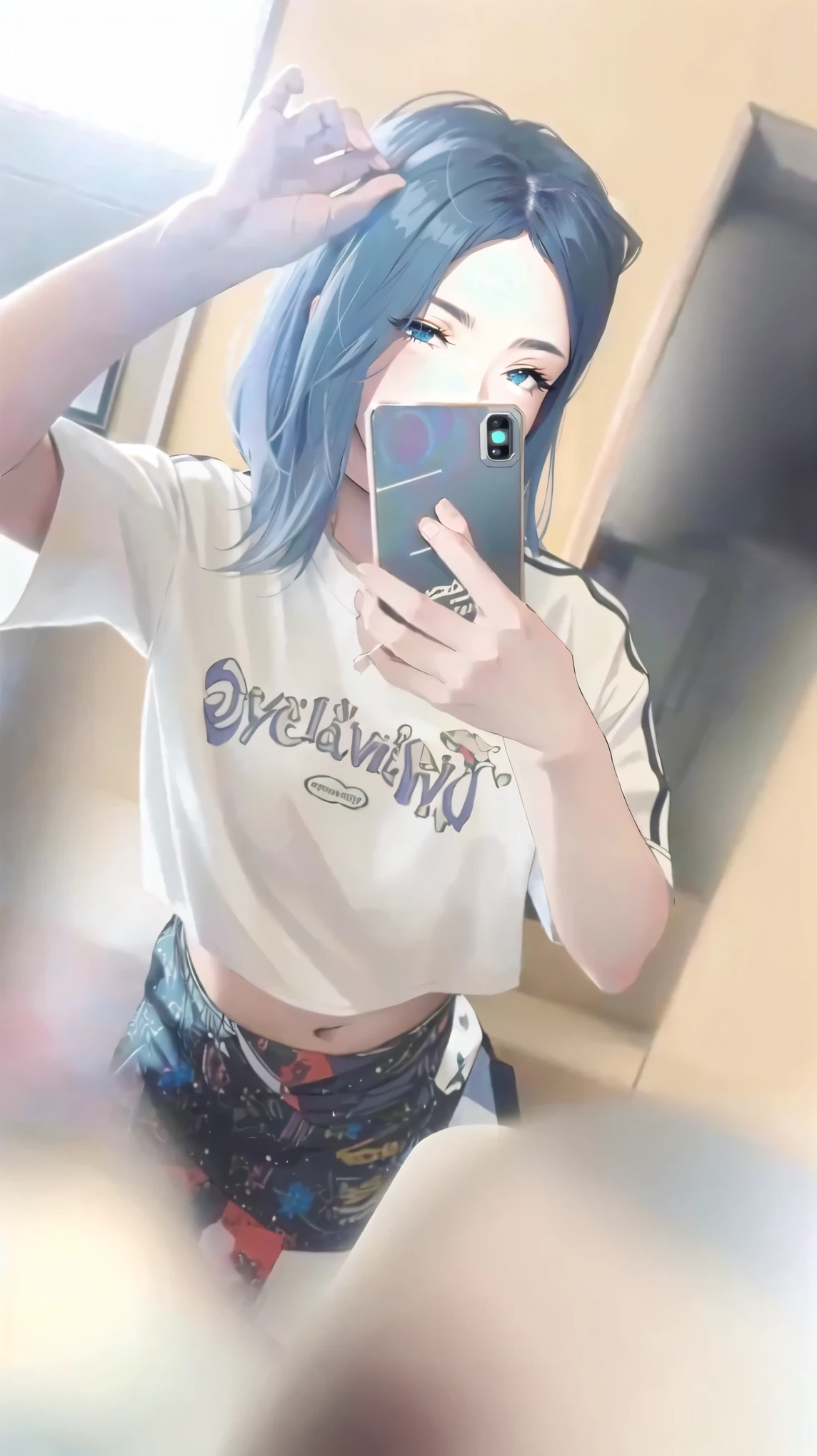 A woman is taking a selfie in the mirror, 破れたクロップT-Shirts, Crop top, 2263539546], Ulzzang, 1 8 is, Low quality photos, 👅 👅, 2 4-year-old female model, T-Shirts, Chiho, Gray hair black hair, 20-year-old, Two 0&#39;s