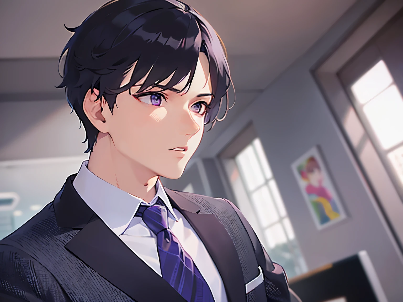 side angle,(looking away:1.5),shiny skin,masterpiece,Highest quality,(27-year-old male:1.5),BREAK(Black short hair) and (Purple eyes)BREAK, (Wearing a suit:1.3) and (Purple tie),frown,(open mouth),The background is the company reception desk.,(Alone:1.5)