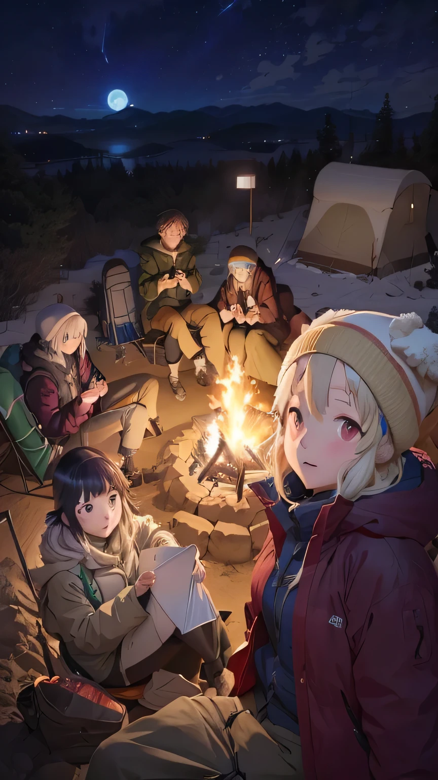 night、people sitting around the fire々Group of, Laid-back Camp, anime Laid-back Camp, Official Anime Artwork, yama no susume, Official Artwork, anime Key Visual concept, anime Key Visual concept art of, anime Key Visual”, nightのcampファイヤーで, Key Visual, official anime Key Visual, camp, Official Art, anime Key Visual, night間!!