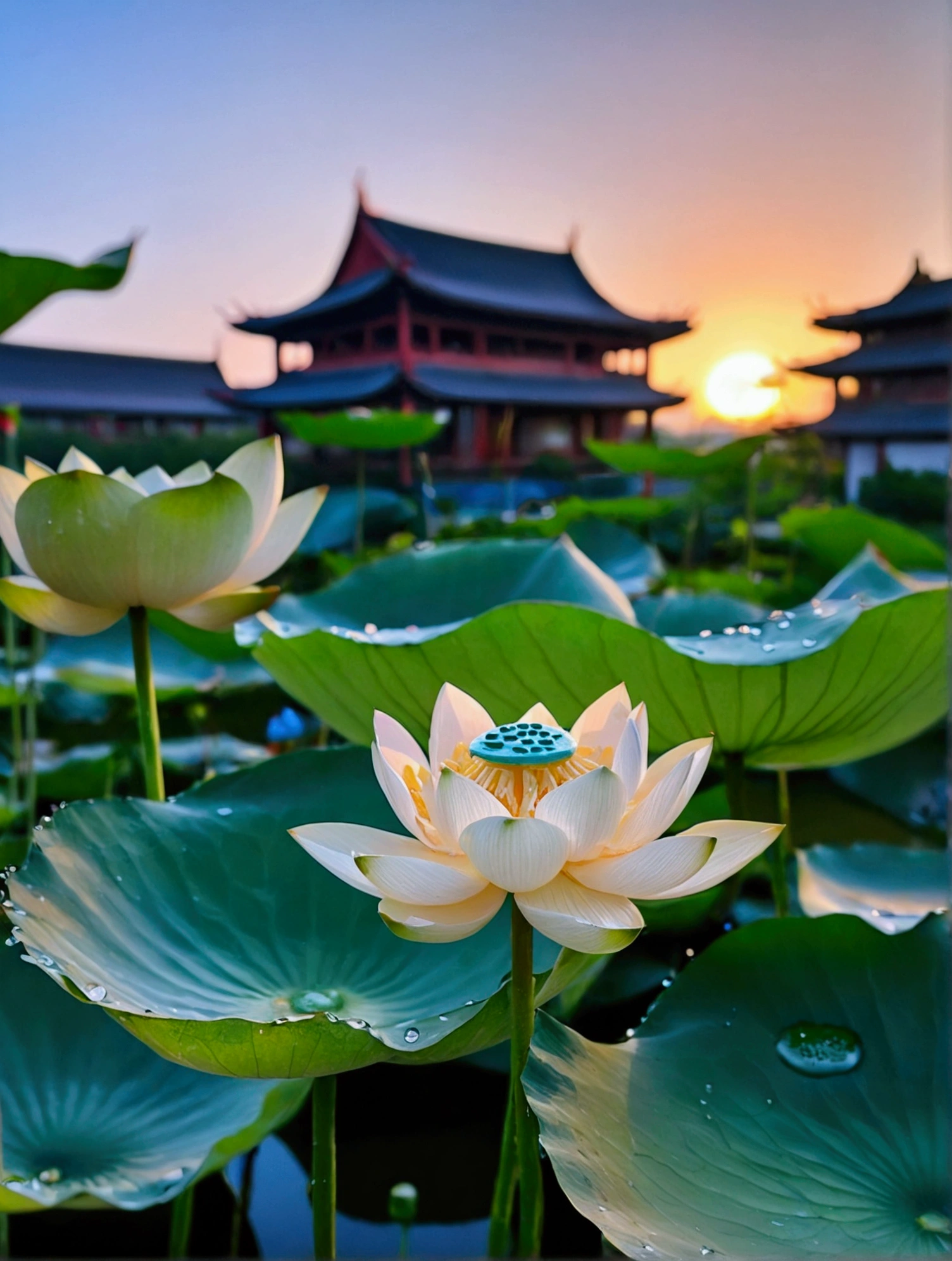 There are a lot of dew on the light white lotus,Green lotus pod,There is a Chinese building behind,There is a beautiful sunset,Real photography,Fresh and natural picture,best quality, high resolution, 16K