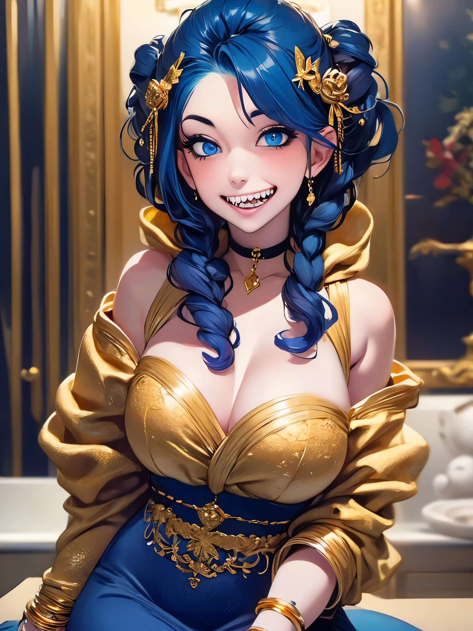 (masterpiece, best quality),  intricate details,, 1girl,     Gura, multicolored hair, blue eyes, shark hair ornament, gold hair ornament, gold choker, gold bracelet, sharp teeth, grin, blue hoodie,,  greek clothes, peplos,
