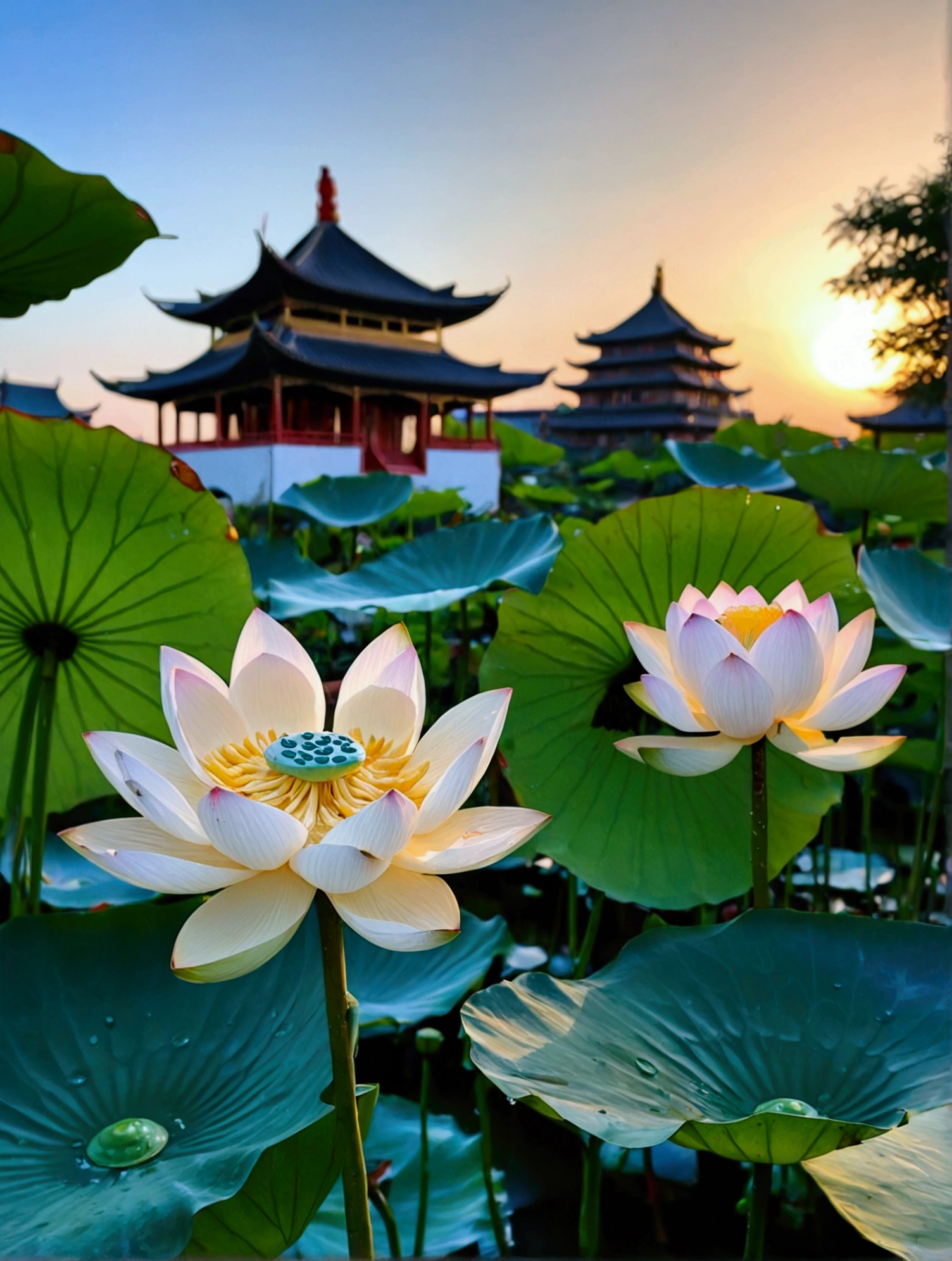 There are a lot of dew on the light white lotus,Green lotus pod,There is a Chinese building behind,There is a beautiful sunset,Real photography,Fresh and natural picture,best quality, high resolution, 16K