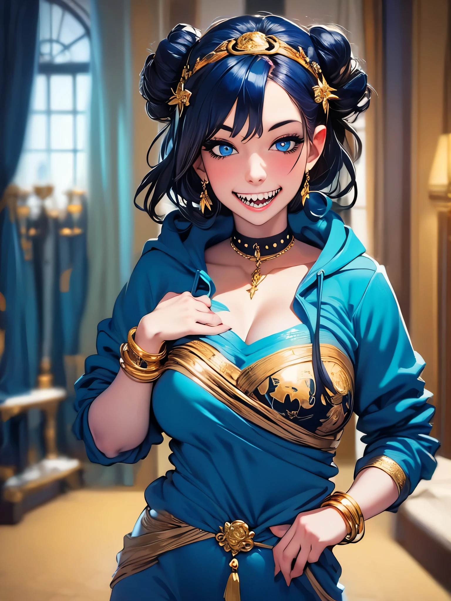(masterpiece, best quality),  intricate details,, 1girl,     Gura, multicolored hair, blue eyes, shark hair ornament, gold hair ornament, gold choker, gold bracelet, sharp teeth, grin, blue hoodie,,  greek clothes, peplos,