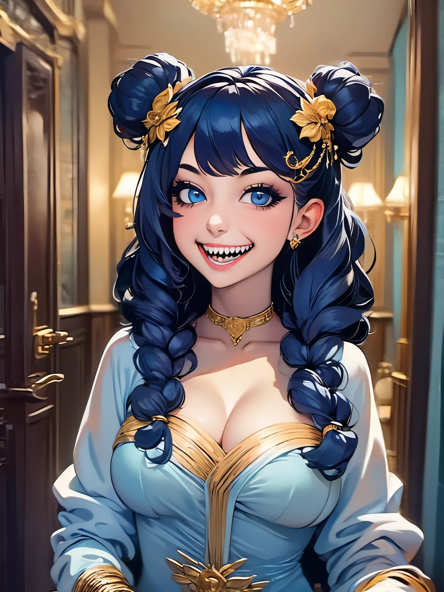 (masterpiece, best quality),  intricate details,, 1girl,     Gura, multicolored hair, blue eyes, shark hair ornament, gold hair ornament, gold choker, gold bracelet, sharp teeth, grin, blue hoodie,,  greek clothes, peplos,