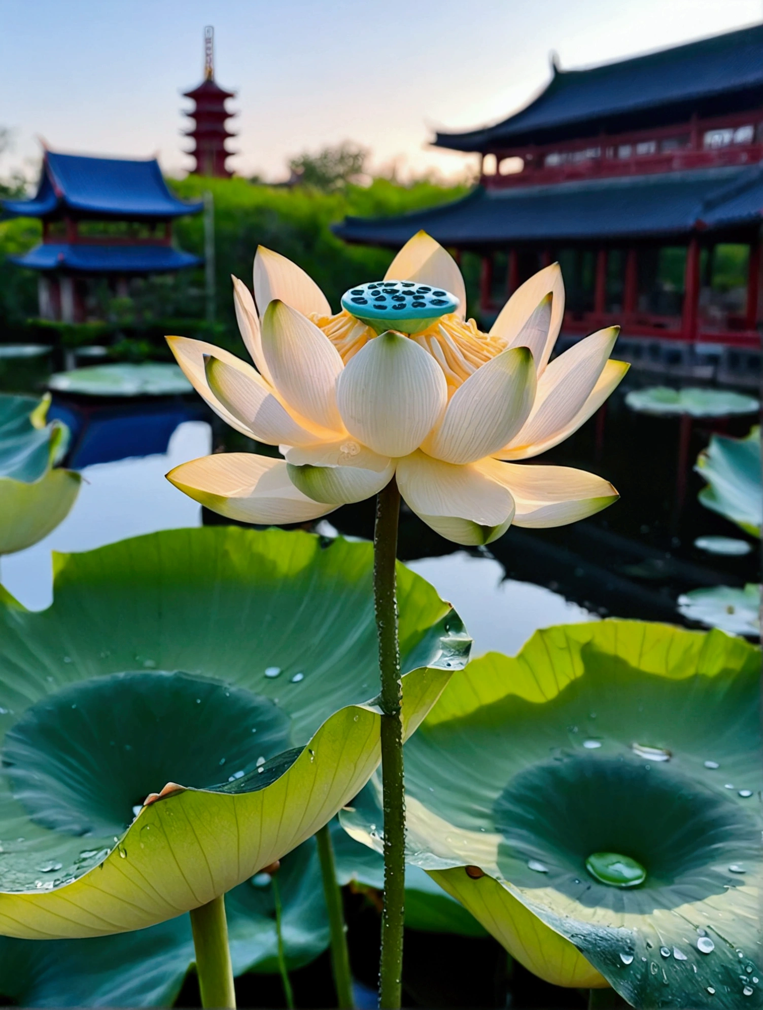 There are a lot of dew on the light white lotus,Green lotus pod,There is a Chinese building behind,There is a beautiful sunset,Real photography,Fresh and natural picture,best quality, high resolution, 16K