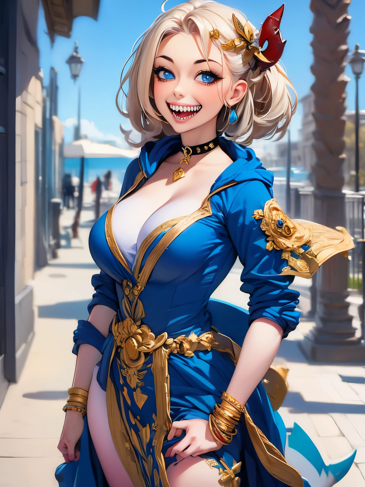 (masterpiece, best quality),  intricate details,, 1girl,     Gura, multicolored hair, blue eyes, shark hair ornament, gold hair ornament, gold choker, gold bracelet, sharp teeth, grin, blue hoodie,,  greek clothes, peplos,