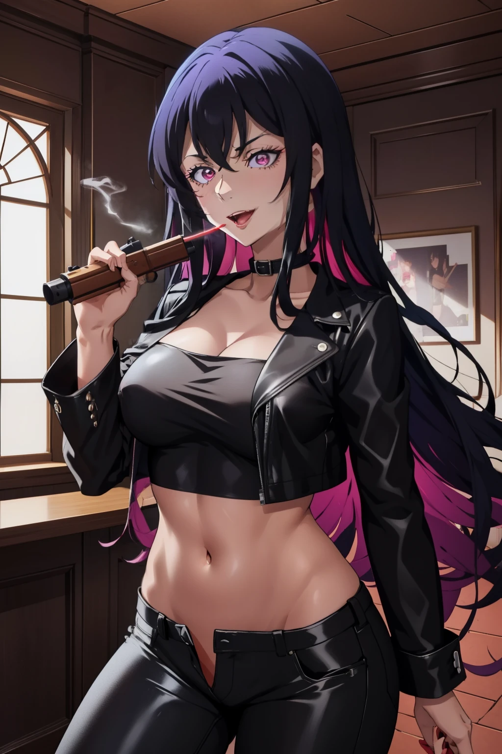 magase ai, long hair, black collar, blush, lipstick, long hair, crazy eyes ,Hot girl, baddie, staring, glaring, bad attitude, mean girl, crazy, smoking, sensual, attractive, bar background, inside bar, indoor,smile, masterpiece, best quality, highly detailed, a girls with a gun, evil smile , open mouth, sexy gaze, badass pose , evil smile, smile, (nsfw) not safe for work, guns blazing, anime girl with long hair, beautiful long haired girl, navel, evil expression, exposed belly, exposed navel, exposed midriff, exposed lower belly, long black pants, crop top, cleavage, unbuttoned leather pants ,open fly, low rise black leather pants, leather jacket, holding a gun, holding pistol