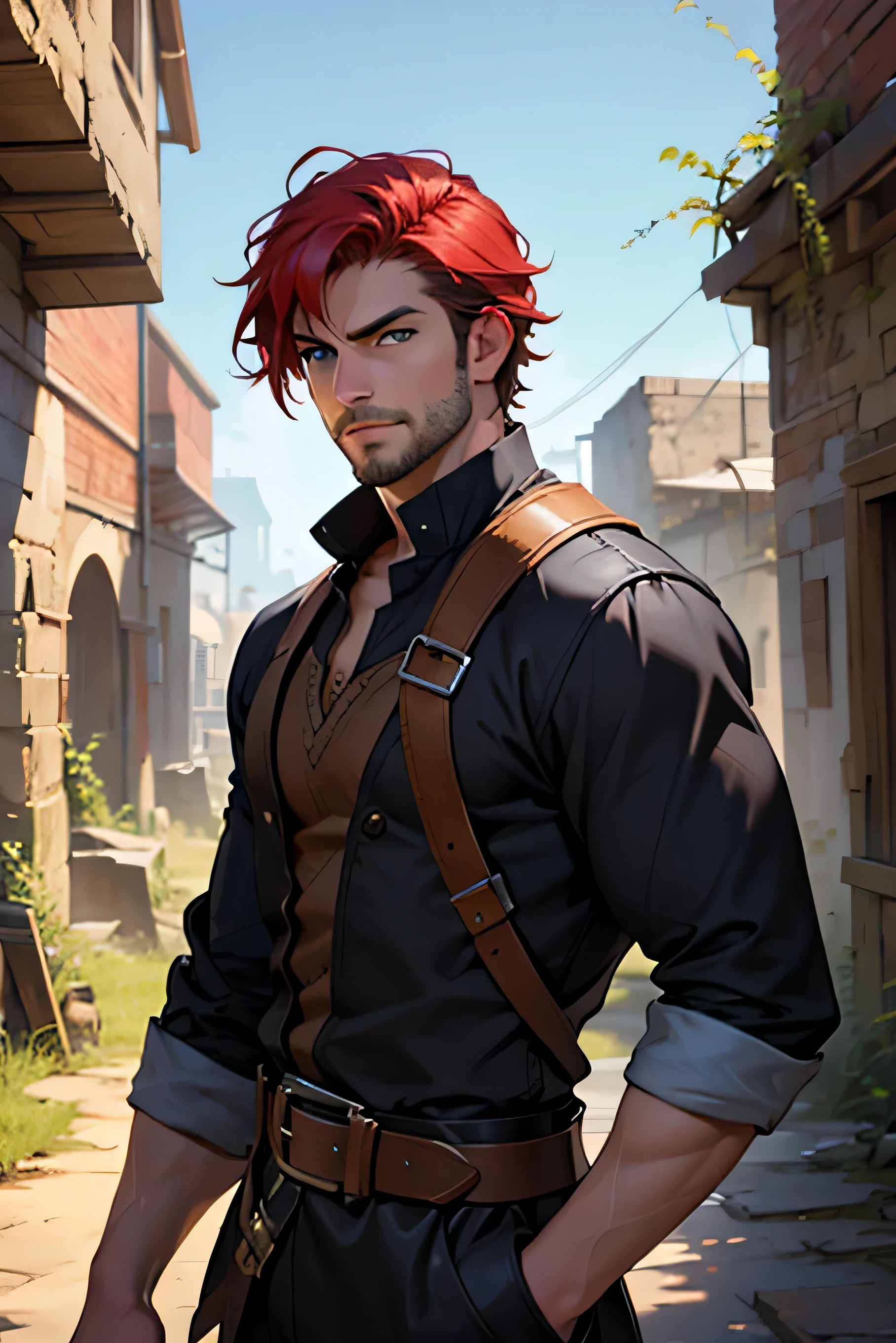 8k, face detail, man, 25 years, short hair, short haircut, Red hair, Blue eyes, thick stubble, blacksmith, inventor, scientist, ruins of a fantasy city, атрибуты blacksmithа, inventor attributes, tight clothes, black clothes, fantasy world, d&d, blacksmith hammer on a belt,