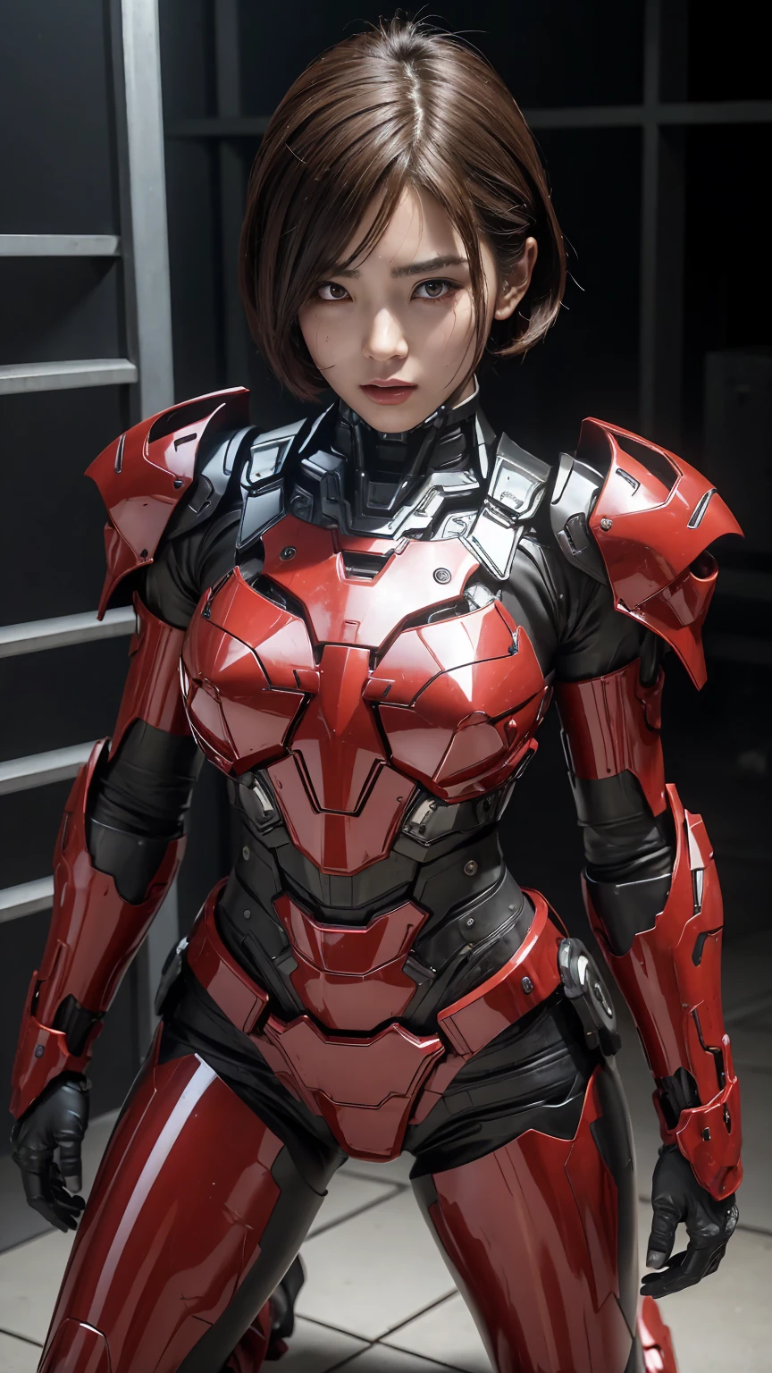 Textured skin, Super Detail, Attention to detail, high quality, 最high quality, High resolution, 1080P, hard disk, beautiful,(War Machine),beautifulサイボーグ女性,red and black mecha cyborg girl,BATTLE MODE,Girl with a mechanical body(armor is red 7、black 3 ratio),She is wearing a futuristic combat weapon mecha、Very Short Hair、Brown eyes、Sweaty face、Tired look、 Open your mouth Sexy Eyes Steam coming out of the head Kneel Rear View