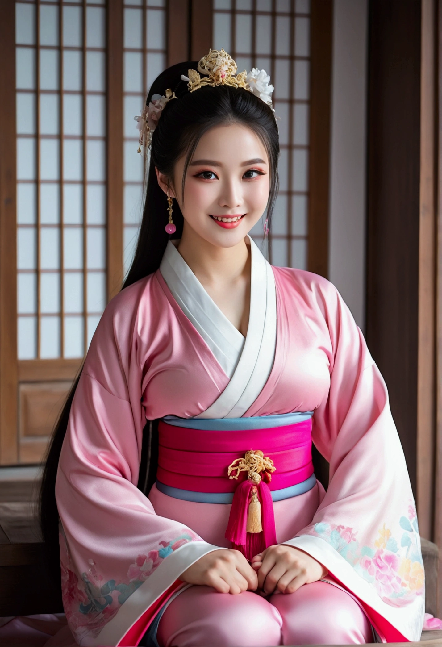 (beautiful woman wearing hanfu, exquisite eyes, Large Breasts, Beautiful hip curves, Smiling, legs spread, eternity,Push your hips forward, pubic hair, Large areola, Explicit content, Retro fashion, open mouth, best quality, 4K, 8k, High resolution, masterpiece:1.2, Super detailed, current, photocurrent, photo-current:1.37, high dynamic range, super high quality, Studio lighting, Ultra-fine coating, sharp focus, Physically based rendering, extremely detailed description, professional, bright colors, Bokeh),nude,Squat with legs open,Hands touching sexual organs,Pink,濃密的pubic hair,Touch the vaginal opening with both hands,Straddle wooden horse chair,Plain bellyband