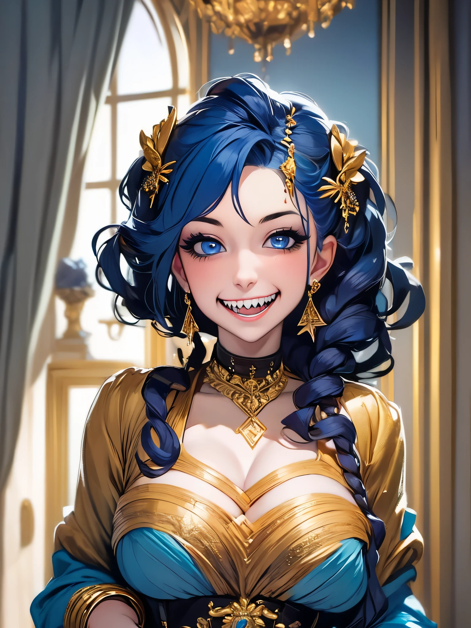 (masterpiece, best quality),  intricate details,, 1girl,     Gura, multicolored hair, blue eyes, shark hair ornament, gold hair ornament, gold choker, gold bracelet, sharp teeth, grin, blue hoodie,,  greek clothes, peplos,