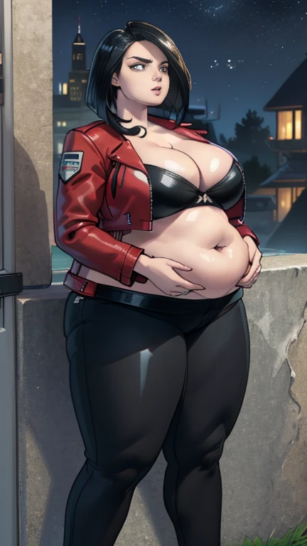 Photorealistic Image of Gorgeous 25 Years Old British Female Vampire Mercenary with Athletic Body, (Shoulder-level Bob Black Hair), (One Person), (Red Leather Jacket and Black Tight Pants:1.4), (Pale Skin:1.4), (Detailed Shiny Appearance:1.4), (Serious Face), Deep Cleavage, (Dynamic Pose:1.4), (Dark Castle at Night:1.4), Centered, (Full Body plus size), SSBBW,(From Front Shot), Insane Details, Intricate Face Detail, Intricate Hand Details, Cinematic Shot and Lighting, Realistic Colors, Masterpiece, Sharp Focus, Ultra Detailed, Taken with DSLR camera, Realistic Photography, Depth of Field, Incredibly Realistic Environment and Scene, Master Composition and Cinematography