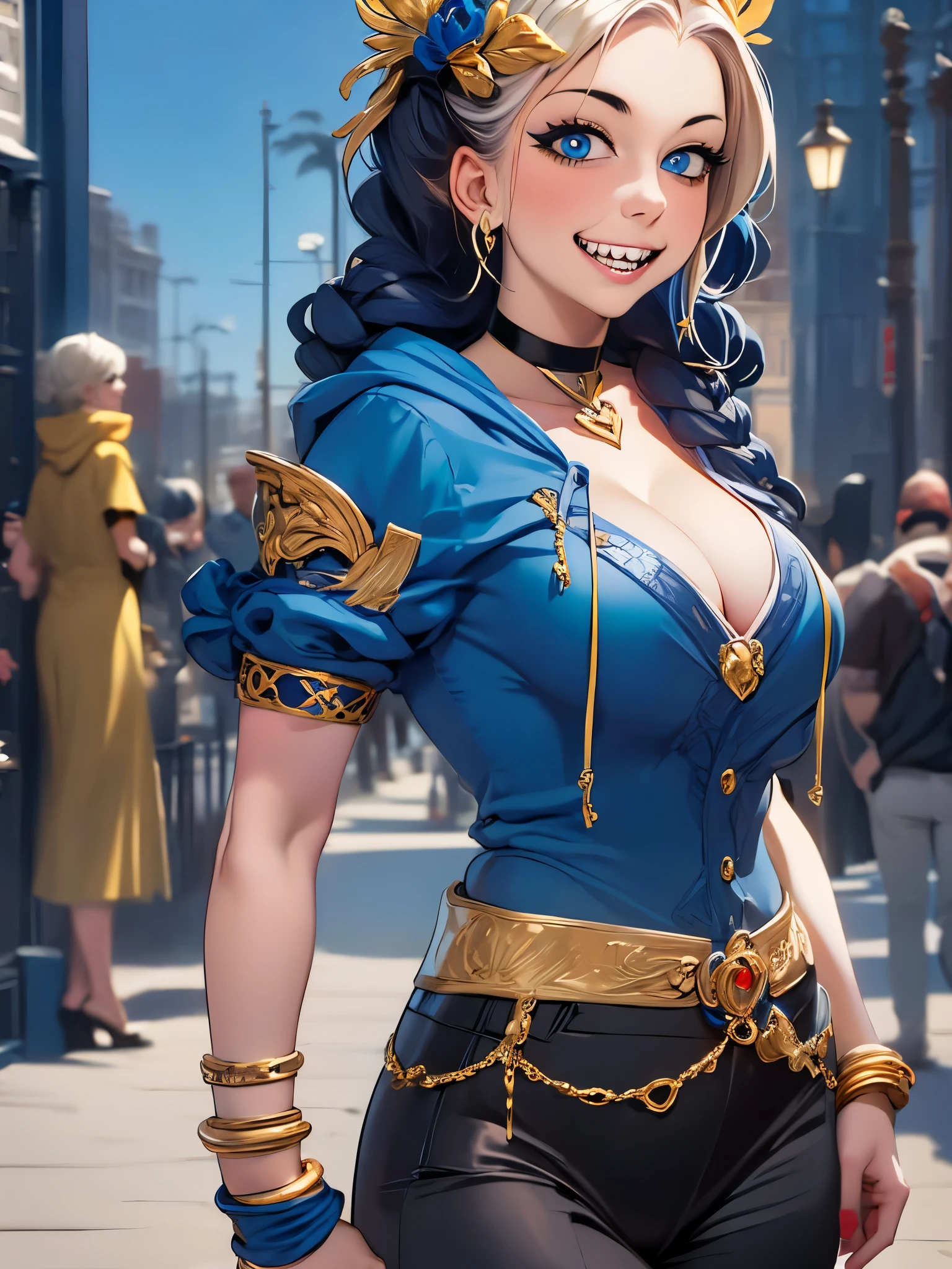 (masterpiece, best quality),  intricate details,, 1girl,     Gura, multicolored hair, blue eyes, shark hair ornament, gold hair ornament, gold choker, gold bracelet, sharp teeth, grin, blue hoodie,,  greek clothes, peplos,