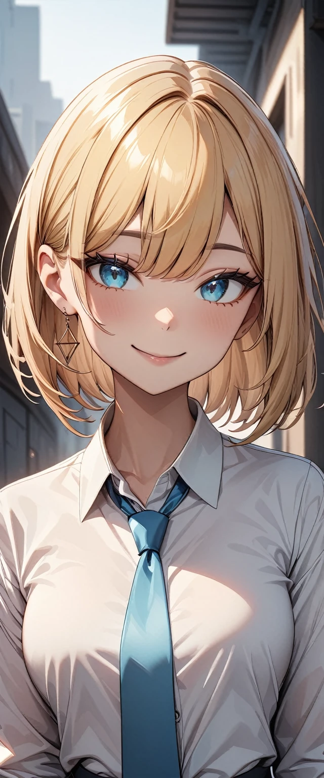 (masterpiece, Highest quality, でvery aesthetic, Super detailed), Intricate details,
One girl, Blonde, Red gradient, Bobcut, Turquoise Eyes, Collared shirt, White shirt, , The clavicle is visible, Light blue tie, Grey Skirt, , smile, looking at viewer, Peace sign sideways near the eyes, Upper Body, Straight skirt