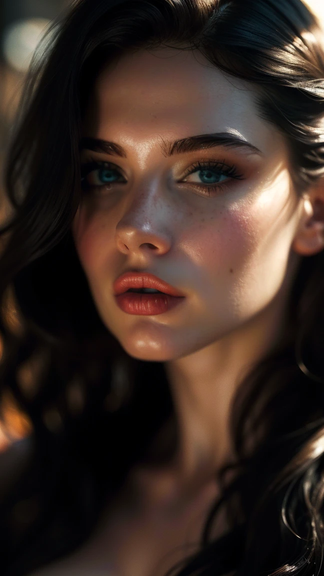 (((ultra realistic))) Photo, masterpiece, top quality, (pale skin), (Ultra detailed face and eyes:1.3), 1 girl, ((Adult)) , naked, ((Eye makeup, mascara)), ((large detailed lips)), ((Dark wavy hair)), ((Stylish hairstyle)) , (Natural breasts). ((Posing)), photoshoot, (Soft) Lighting, (The play of light and shadows), depth of field, bokeh, (special attention to skin detail: 1.2), Detailed leather texture, skin pores. (Dark atmosphere of the frame. color scheme - black, Yellow, Red tones), UDR, ((Film grain)), ((rays)), (Glare), ((close-up portrait, close to the camera)) , ultra detialed, 